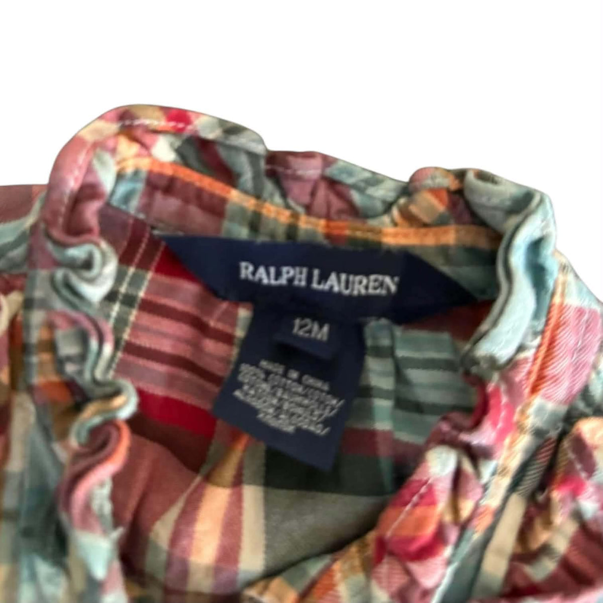 RALPH LAUREN MULTICOLOURED PLAID BABY DRESS WITH RUFFLES AND BOW (12 MONTHS)