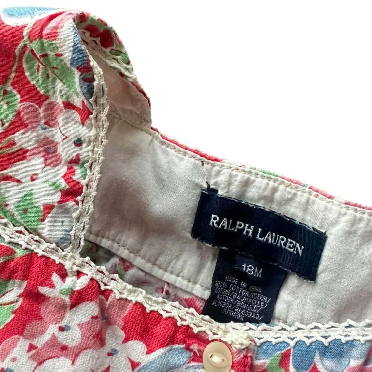 RALPH LAUREN RED FLORAL BABYDOLL DRESS WITH LACE TRIM AND RUFFLE SLEEVES (18 MONTHS)