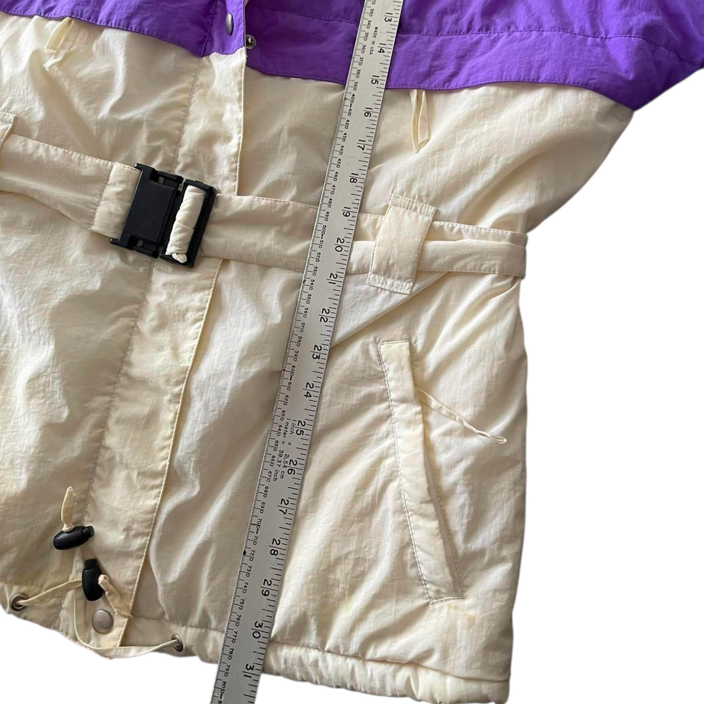 CREAM AND PURPLE VINTAGE REVERSIBLE SKI JACKET WITH HOOD (L)