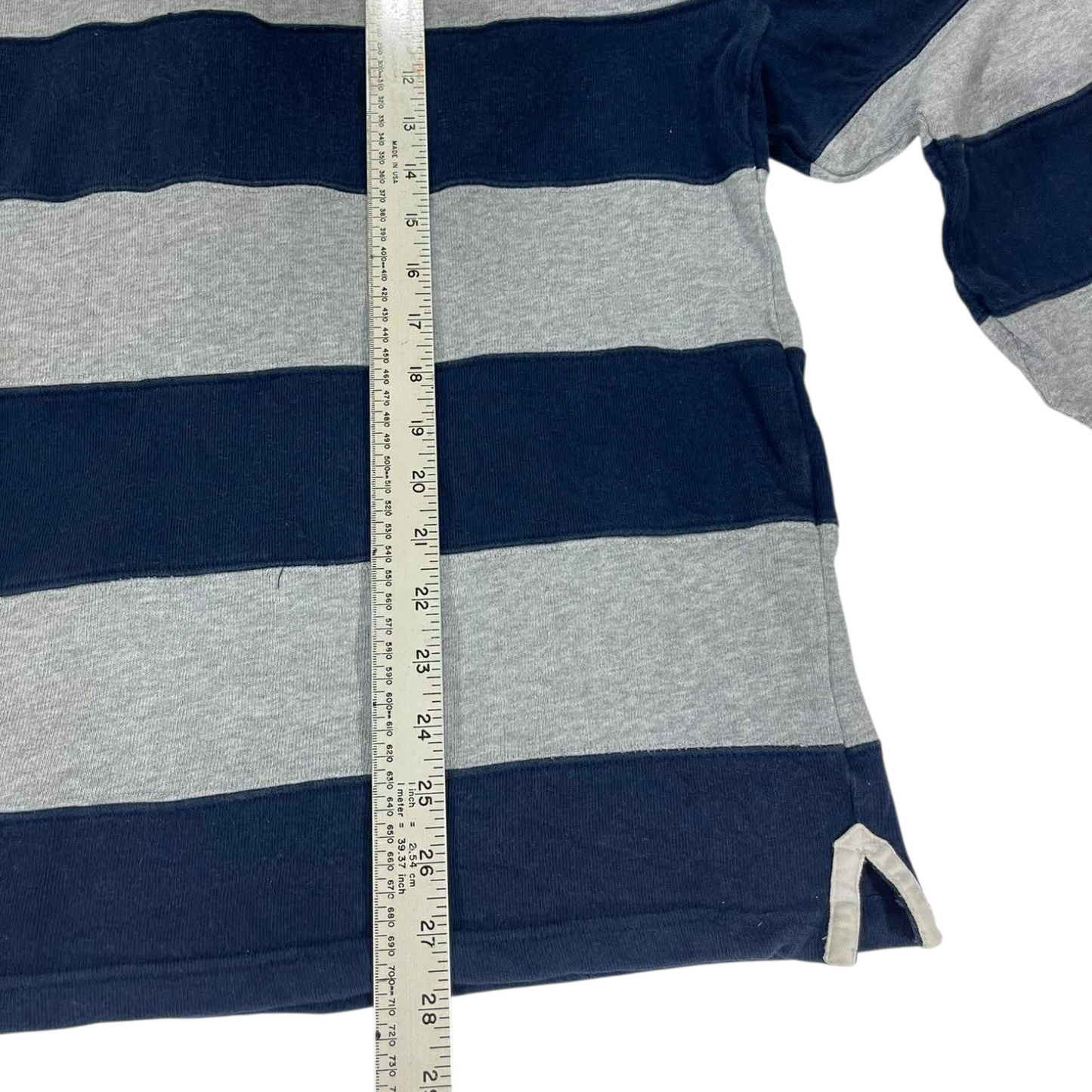 MAN NAVY BLUE & GREY STRIPED LONG SLEEVE POLO SHIRT (L)