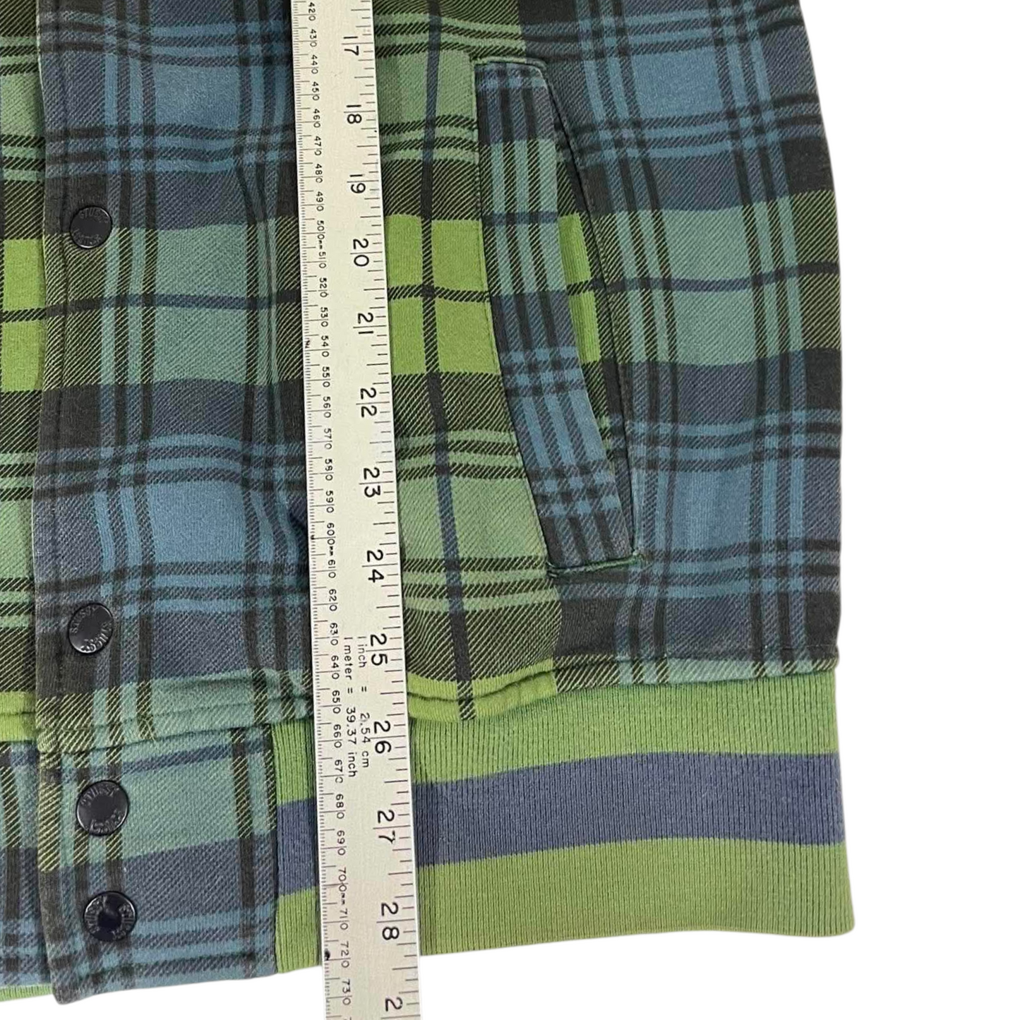 VINTAGE EMBROIDERED STUSSY GREEN PLAID VARSITY JACKET (M)