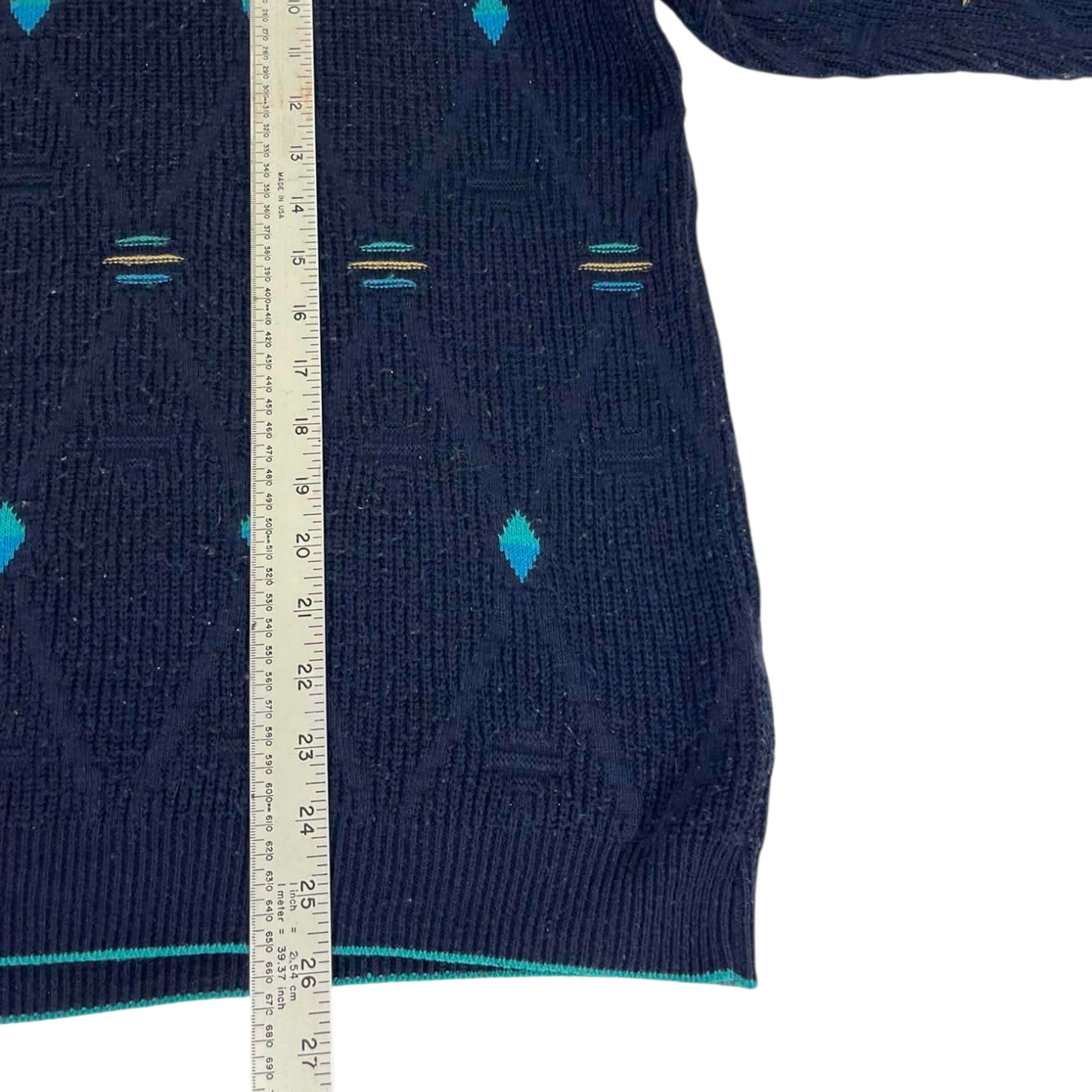 NAVY BLUE MARKS & SPENCER KNITTED SWEATER GREEN AND YELLOW DETAILS (M)