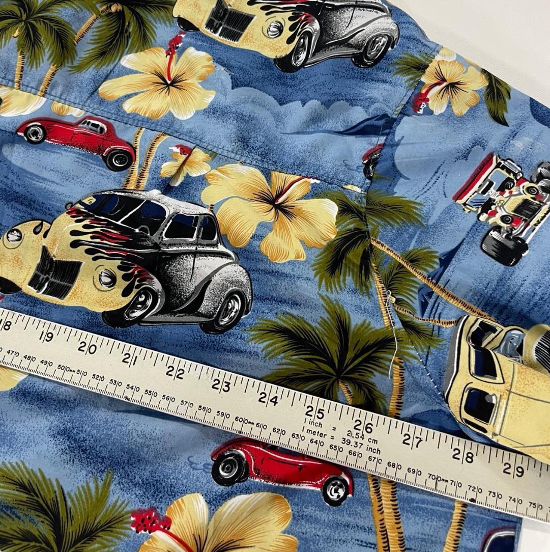 Y2K AOP BLUE HAWAIIAN WITH HOT ROD CARDS AND PALM TREES (2XL-3XL)