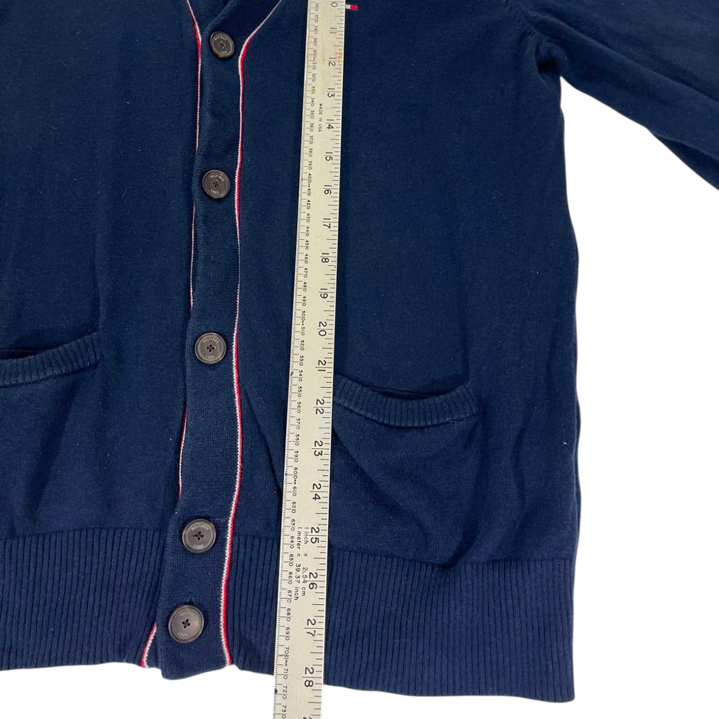 TOMMY HILFIGER NAVY BLUE CARDIGAN WITH RED PIPING (M)