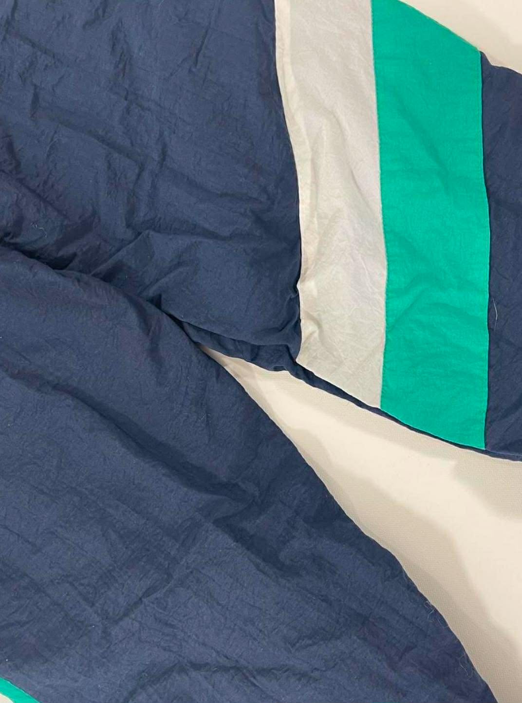 VINTAGE 90s NAVY BLUE TRACK PANTS WITH WHITE AND GREEN STRIPES (M-L)