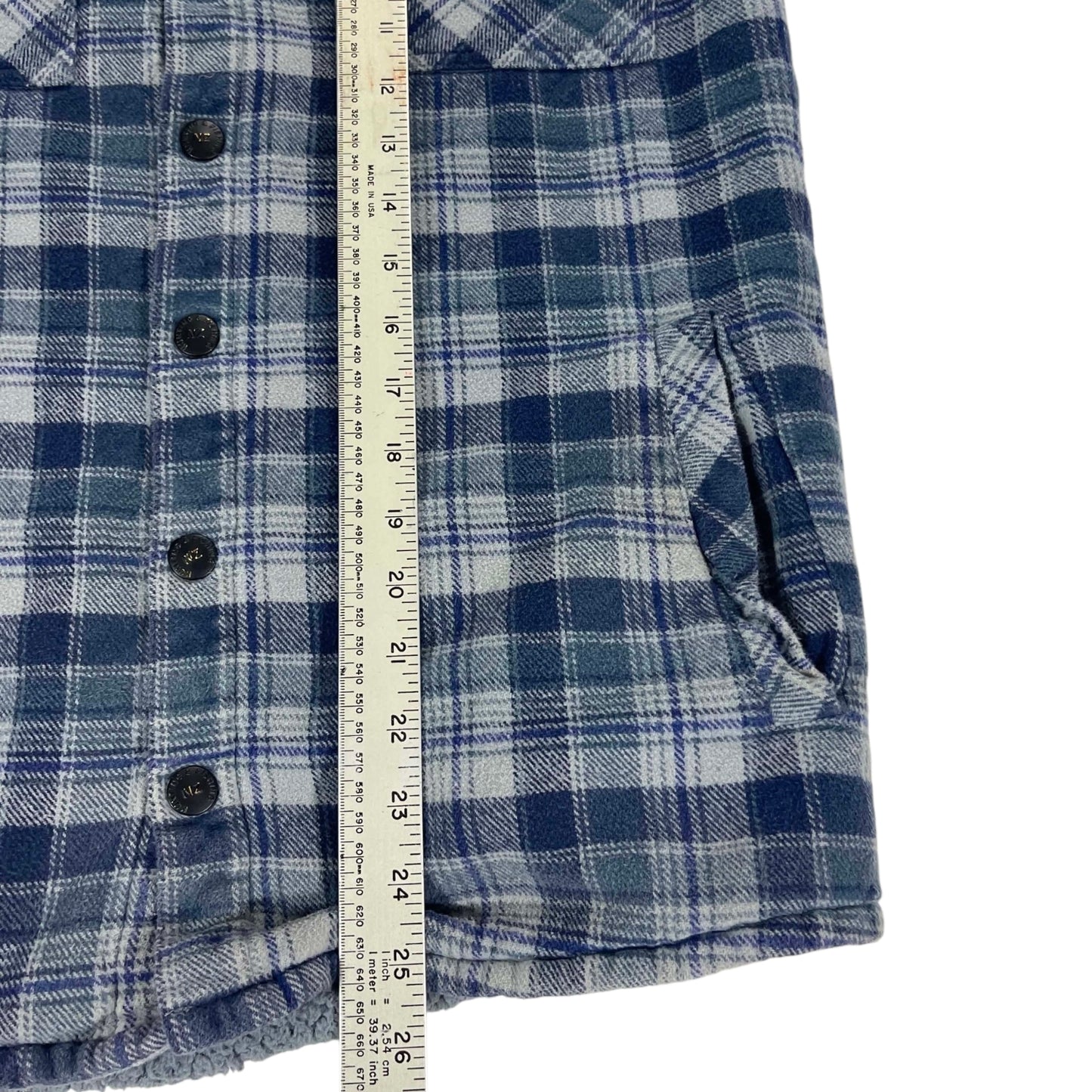 VINTAGE HUNTING & FISHING BLUE & WHITE PLAID FLANNEL JACKET (M)
