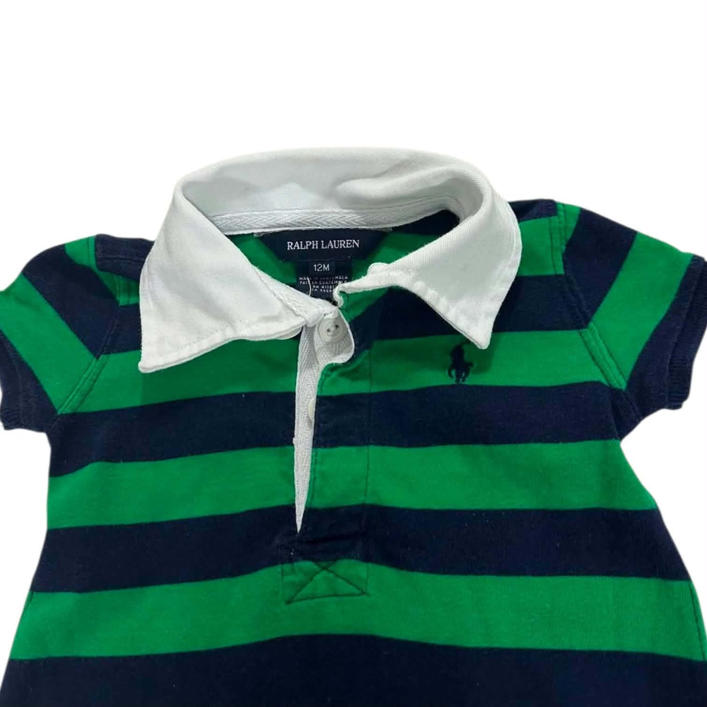 RALPH LAUREN GREEN AND NAVY STRIPED BABY POLO DRESS (12 MONTHS - S)