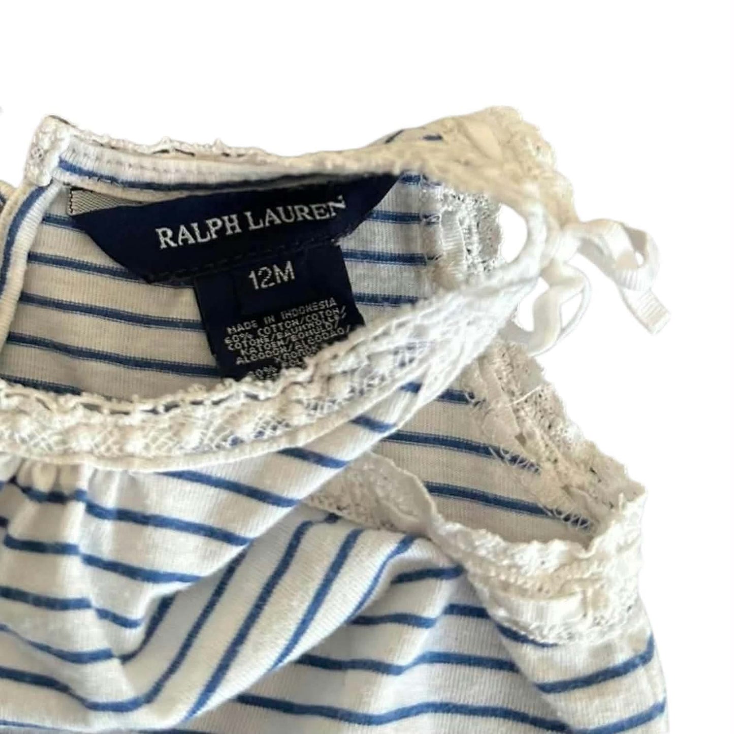 RALPH LAUREN WHITE + BLUE STRIPED BABY GIRL TANK TOP WITH LACE TRIM AND BOW (12 MONTHS - S)