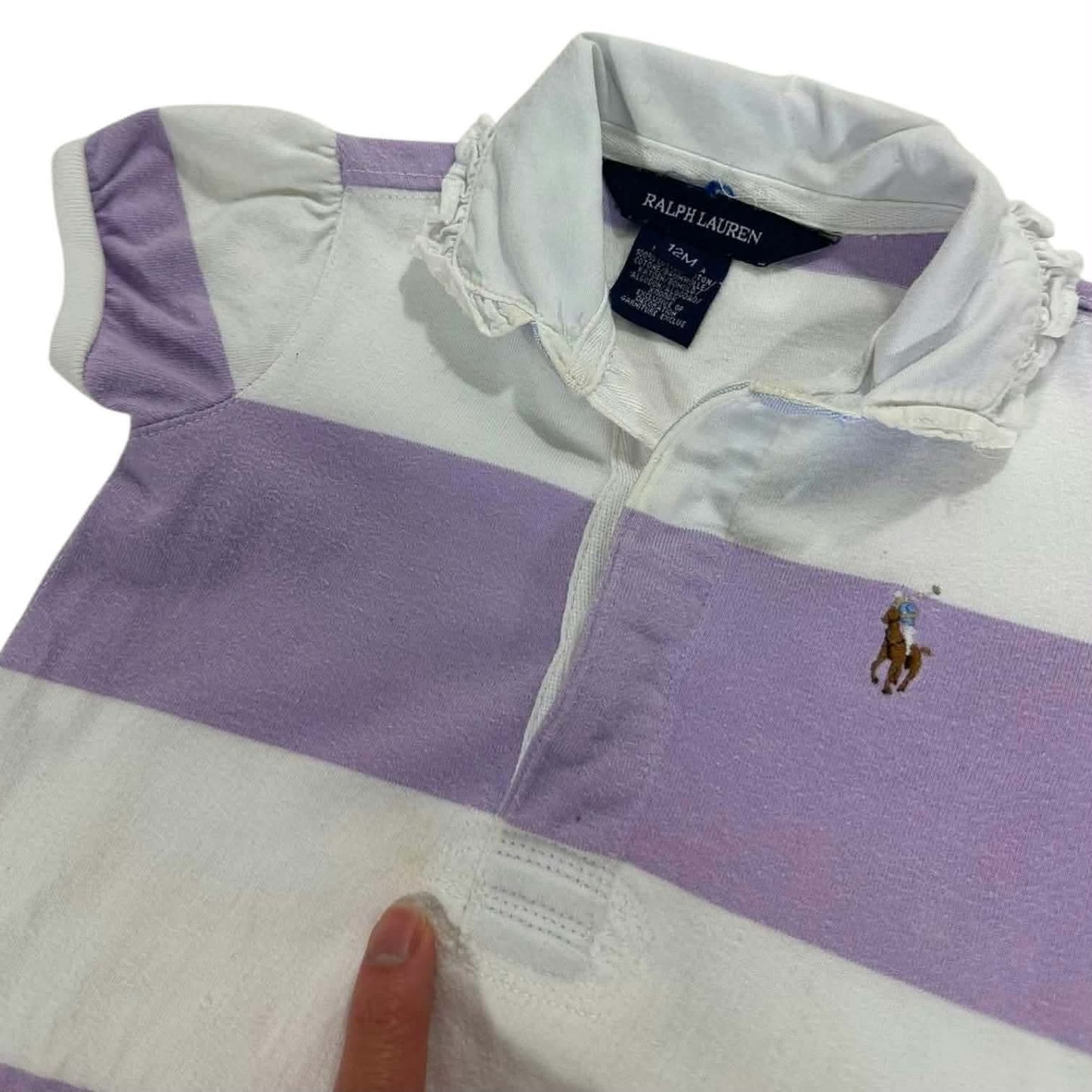 RALPH LAUREN PURPLE AND WHITE STRIPED BABY GIRL DRESS WITH RUFFLES (12 MONTHS)