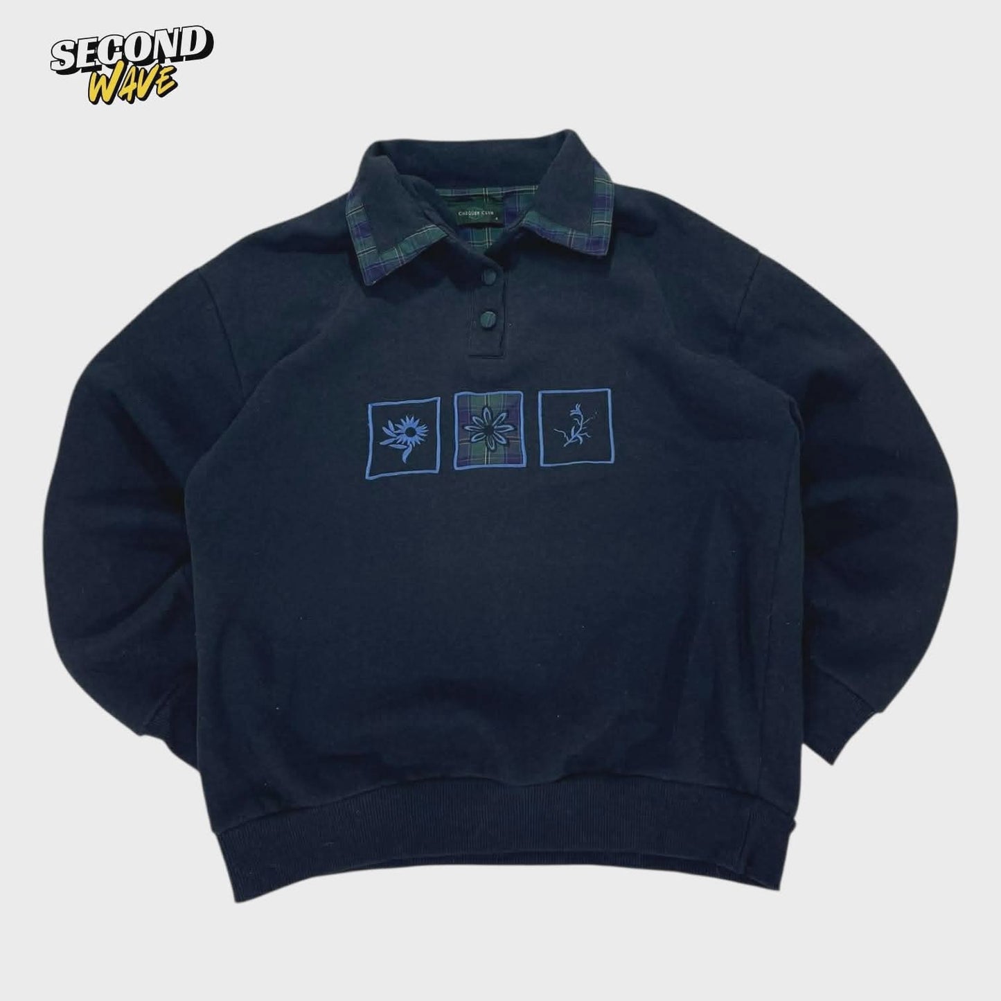 CHEQUER CLUB BLACK POLO SHIRT WITH FLORAL EMBROIDERY AND PLAID COLLAR (S-M)