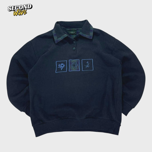 CHEQUER CLUB BLACK POLO SHIRT WITH FLORAL EMBROIDERY AND PLAID COLLAR (S-M)