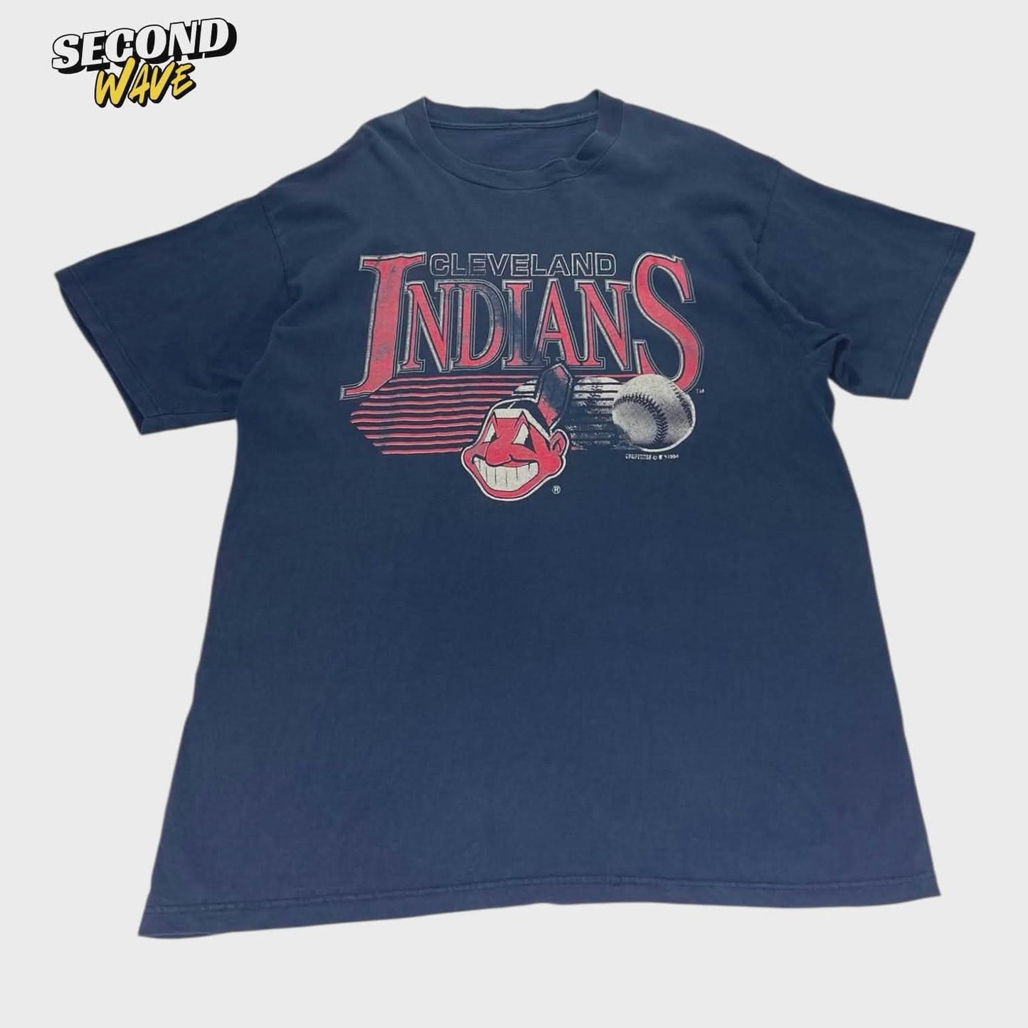 90S CLEVELAND INDIANS MLB GRAPHIC NAVY T-SHIRT (L)