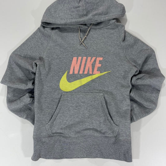 VINTAGE NIKE GREY HOODIE WITH PINK AND YELLOW ACCENTS (M)