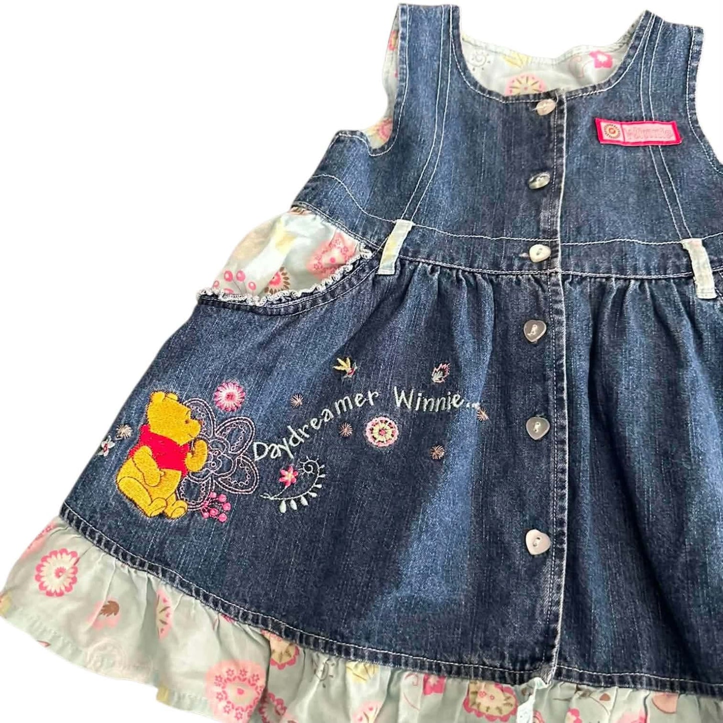 DISNEY WINNIE THE POOH DENIM DRESS WITH FLORAL LINING AND POCKETS (9-12 MONTHS)