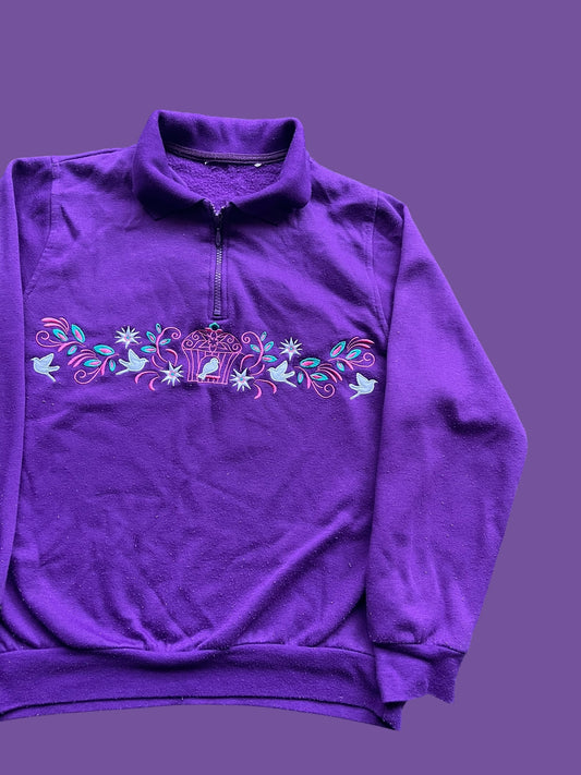 VINTAGE EMBROIDERED PURPLE FLOWER DOVE QUARTERZIP (M)