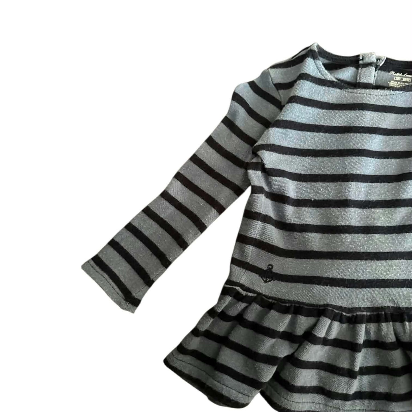 RALPH LAUREN BLUE & BLACK STRIPED LONG SLEEVE DRESS WITH RUFFLE HEM (12 MONTHS)