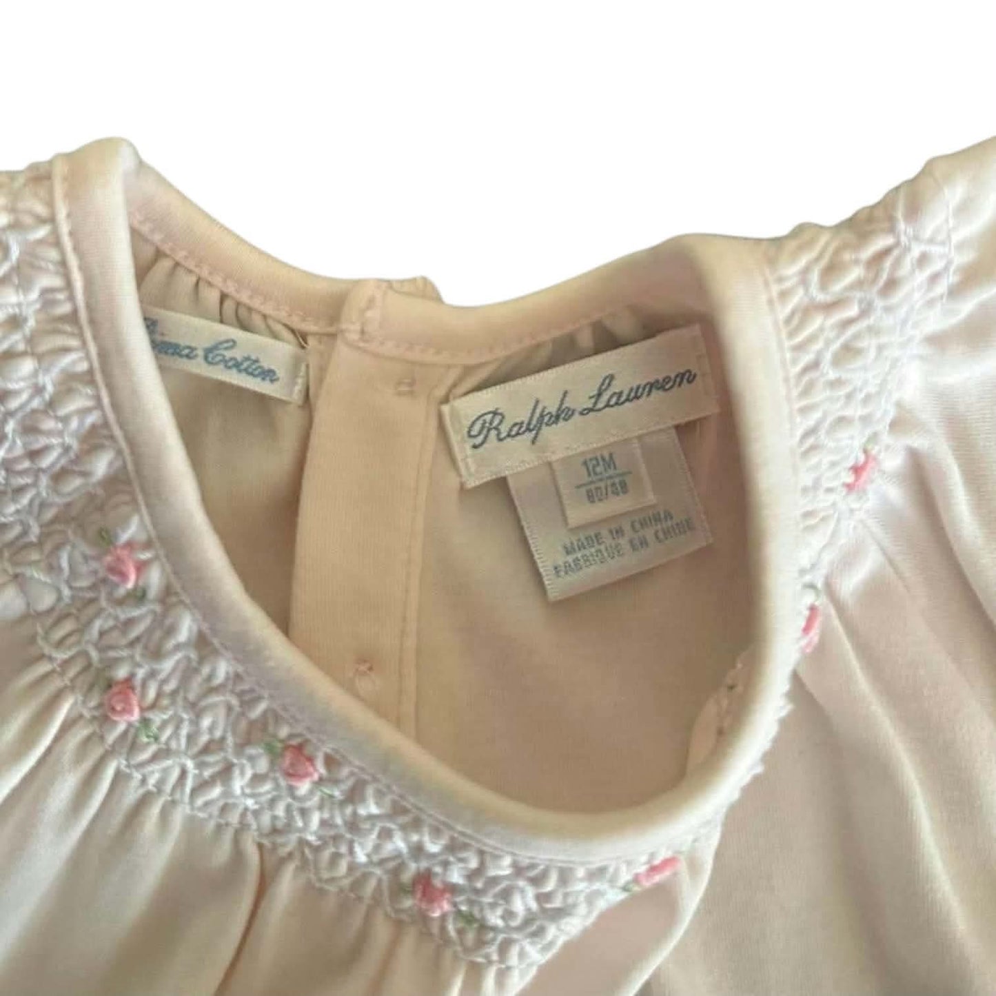 RALPH LAUREN BABY ROMPER WITH RUFFLES AND FLORAL EMBROIDERY (12 MONTHS)
