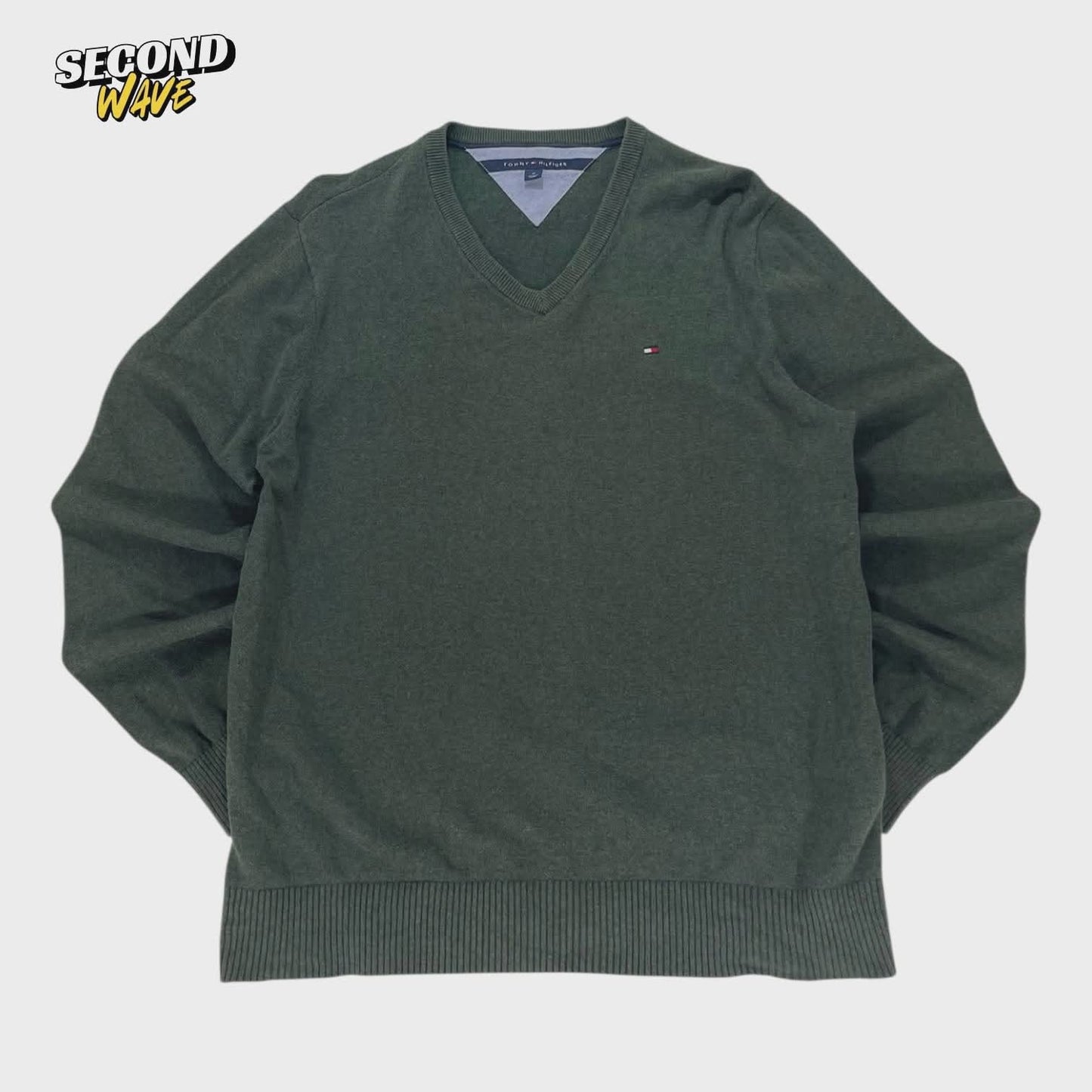 TOMMY HILFIGER GREEN V-NECK SWEATER (M)