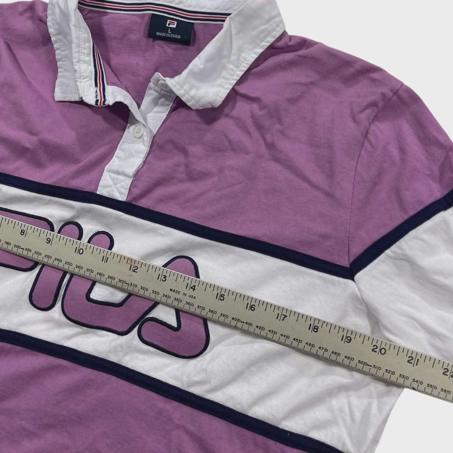 FILA PURPLE AND WHITE STRIPED POLO SHIRT (L)