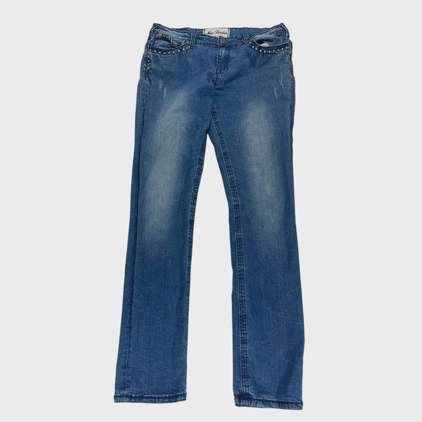 Y2K NEW LONDON LOW RISE BLUE JEANS WITH STUDDED CROSS DESIGN (32)