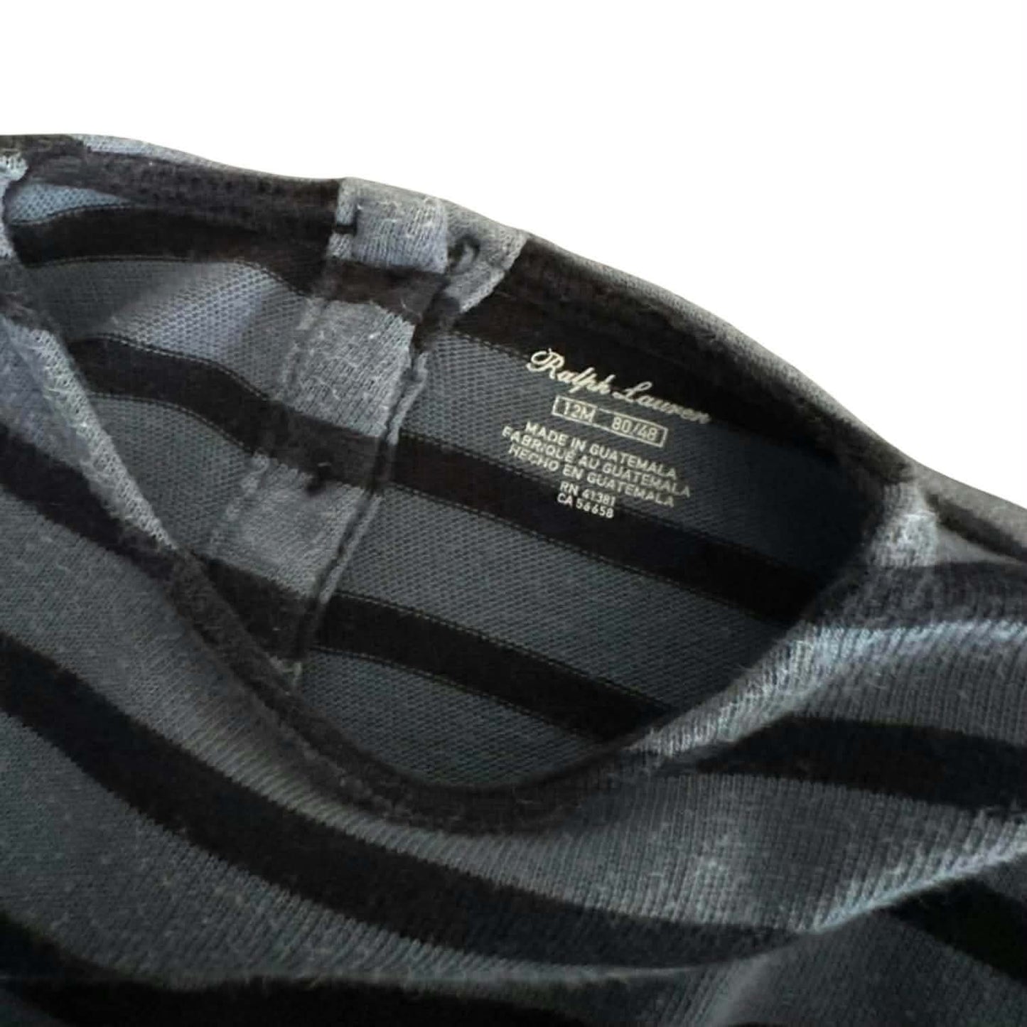 RALPH LAUREN BLUE & BLACK STRIPED LONG SLEEVE DRESS WITH RUFFLE HEM (12 MONTHS)