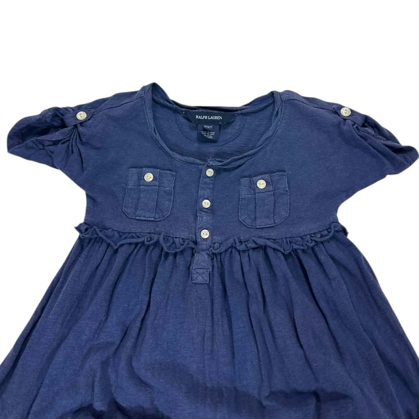 RALPH LAUREN NAVY BLUE BABY GIRL DRESS WITH RUFFLES AND POCKETS (2T)