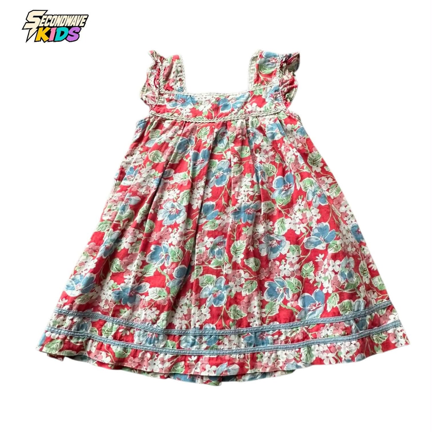 RALPH LAUREN RED FLORAL BABYDOLL DRESS WITH LACE TRIM AND RUFFLE SLEEVES (18 MONTHS)
