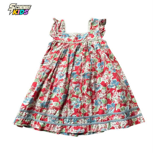 RALPH LAUREN RED FLORAL BABYDOLL DRESS WITH LACE TRIM AND RUFFLE SLEEVES (18 MONTHS)