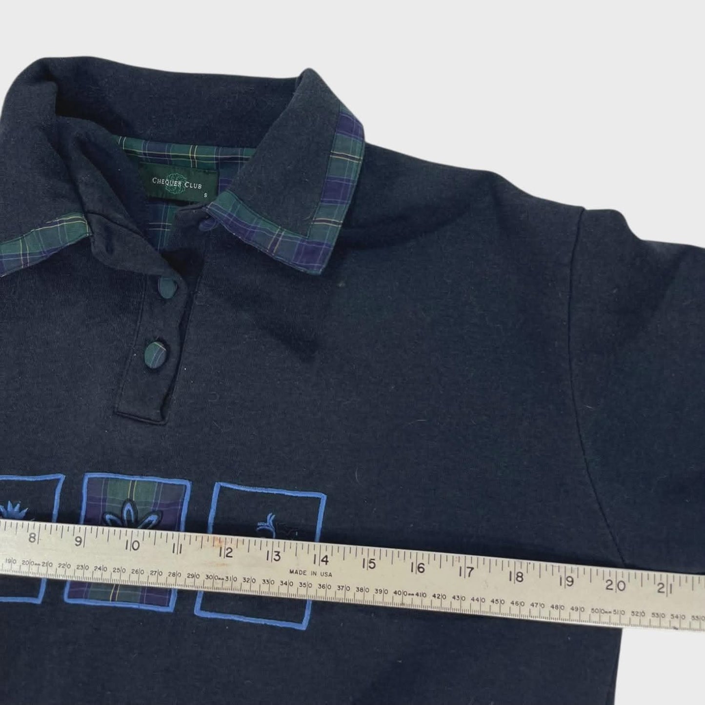CHEQUER CLUB BLACK POLO SHIRT WITH FLORAL EMBROIDERY AND PLAID COLLAR (S-M)