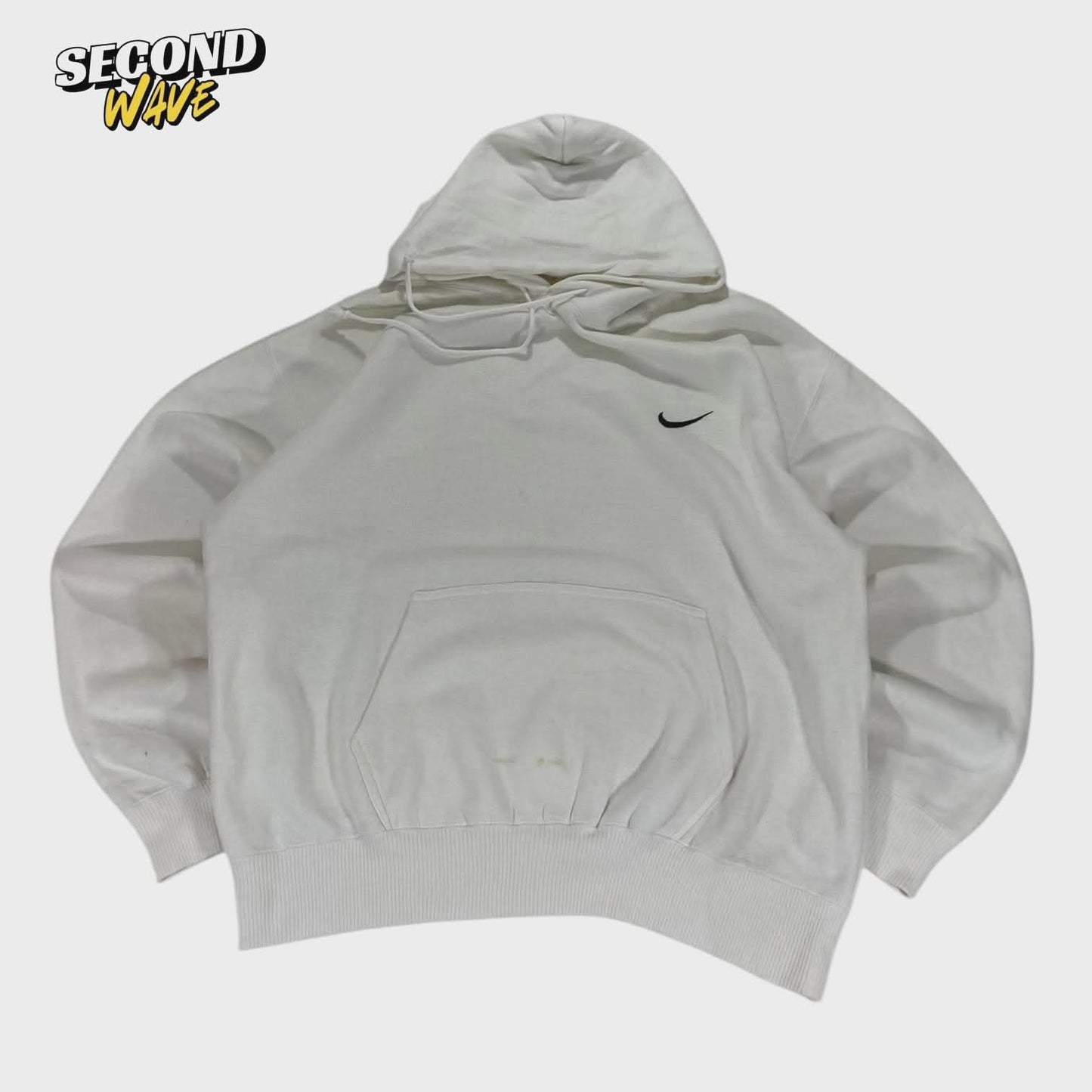 VINTAGE NIKE WHITE EMBROIDERED SWOOSH HOODIE (L)