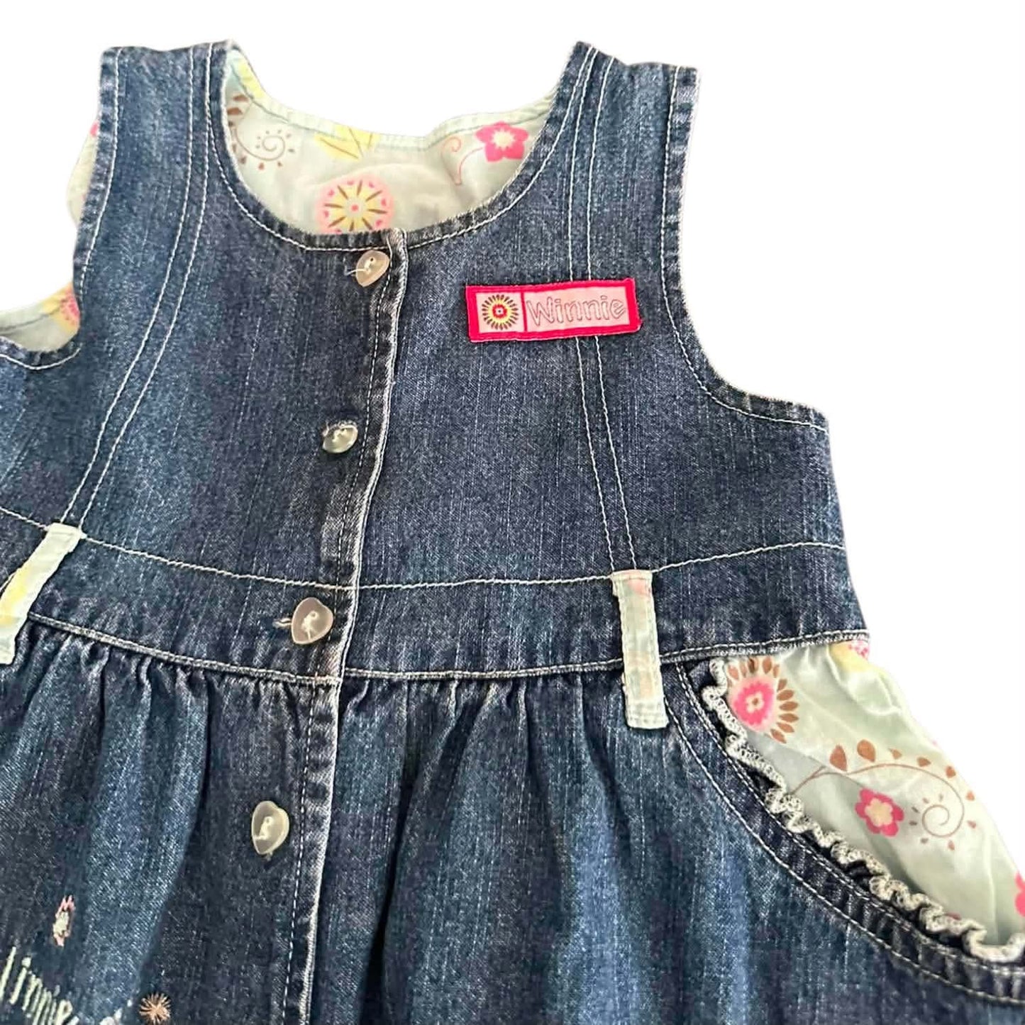DISNEY WINNIE THE POOH DENIM DRESS WITH FLORAL LINING AND POCKETS (9-12 MONTHS)