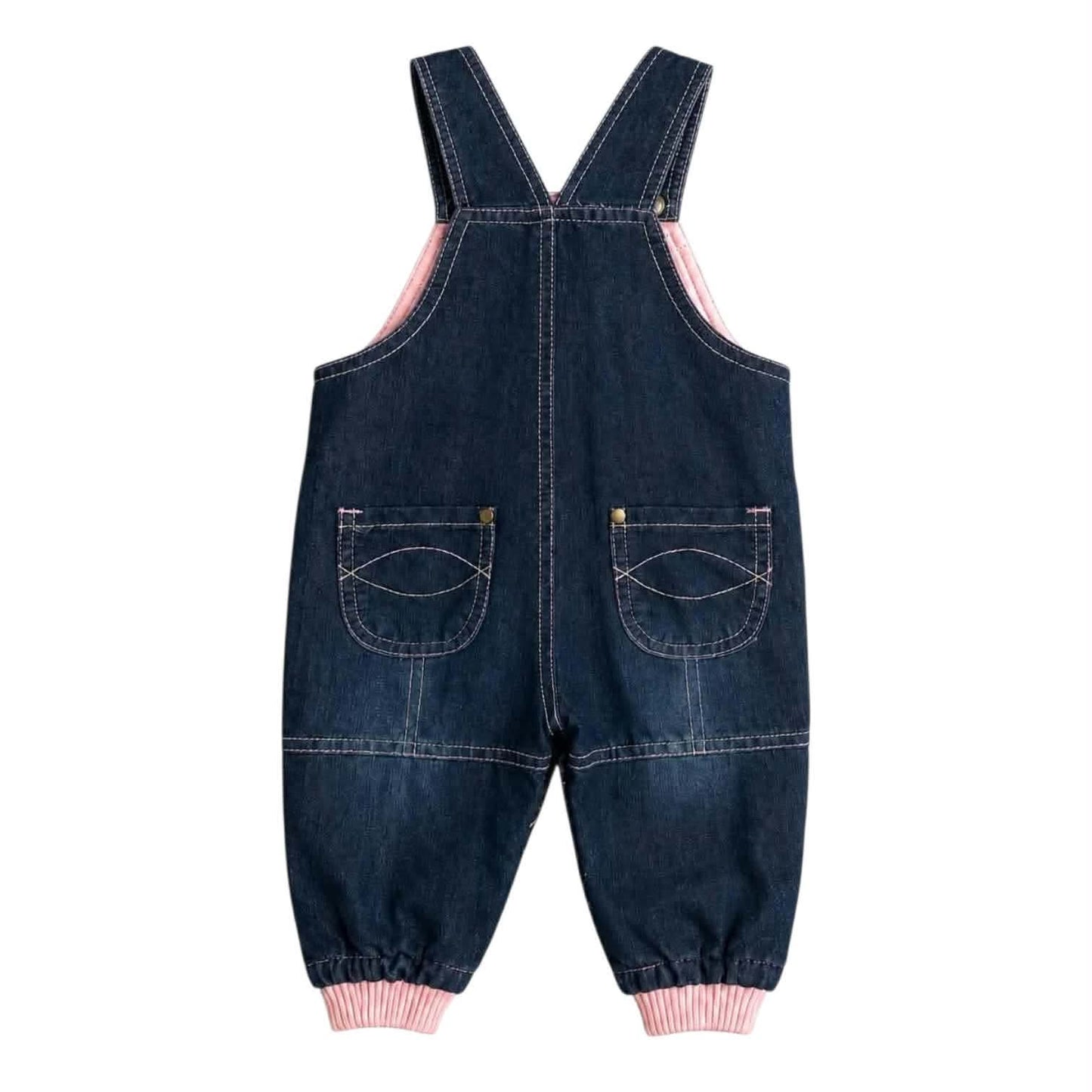 NAVY DENIM OVERALLS WITH PINK TRIM AND BUTTON (0-3 MONTHS)