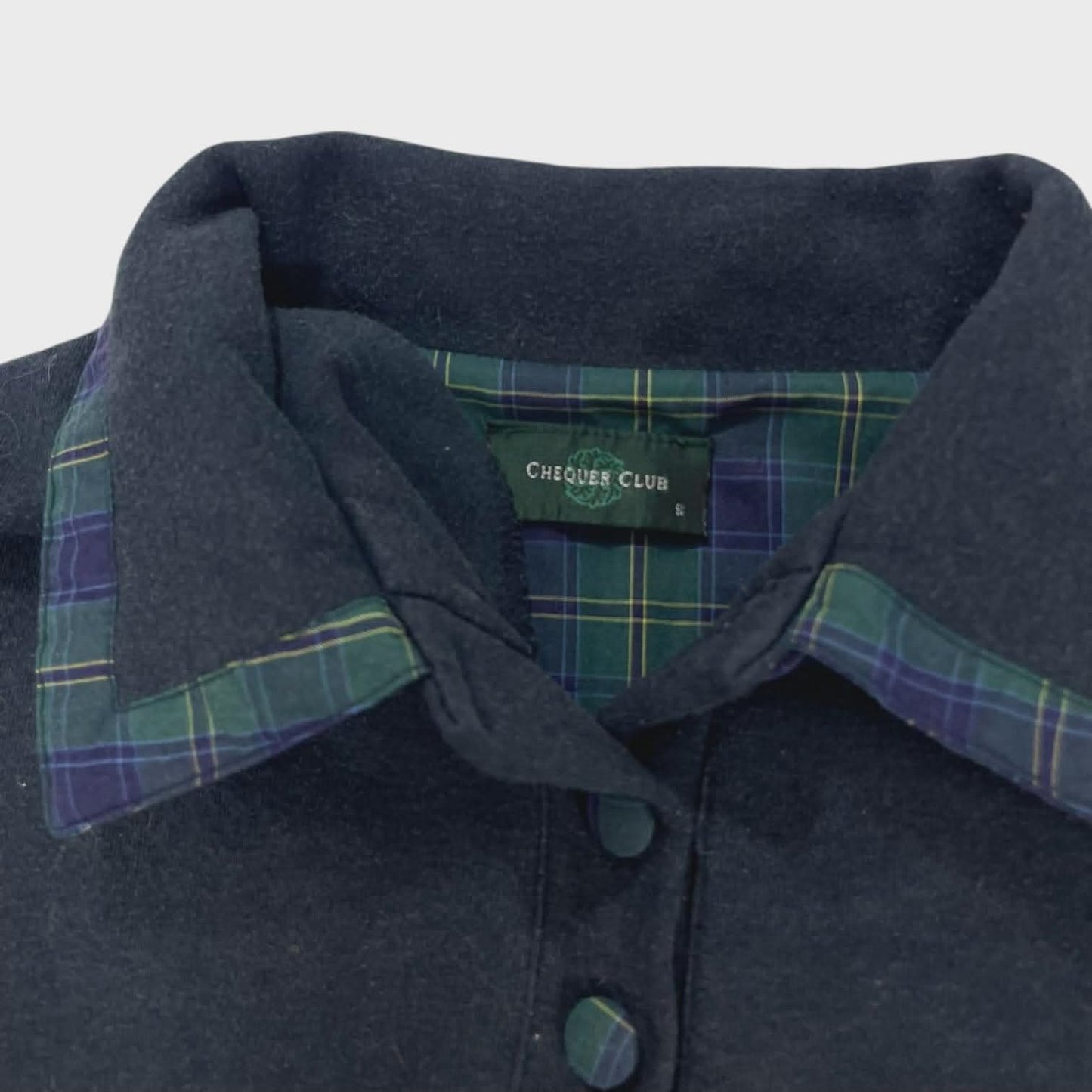 CHEQUER CLUB BLACK POLO SHIRT WITH FLORAL EMBROIDERY AND PLAID COLLAR (S-M)