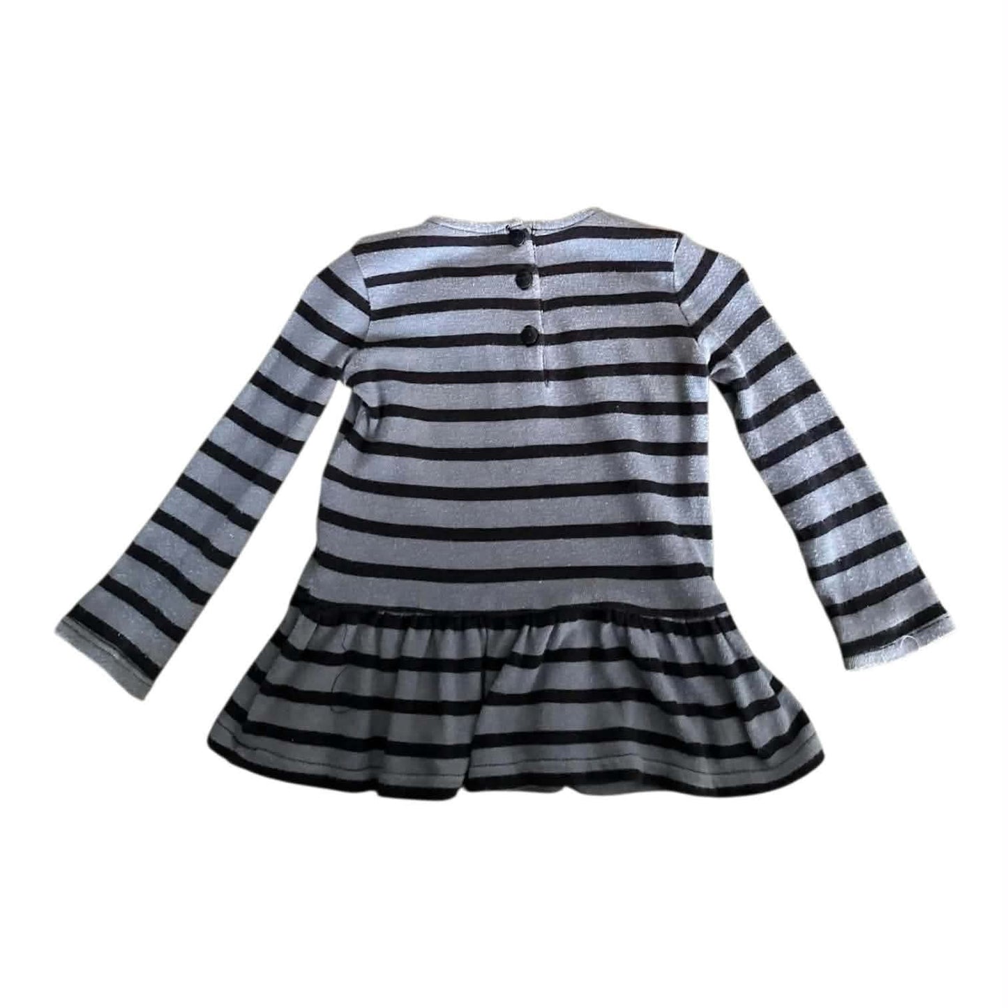 RALPH LAUREN BLUE & BLACK STRIPED LONG SLEEVE DRESS WITH RUFFLE HEM (12 MONTHS)