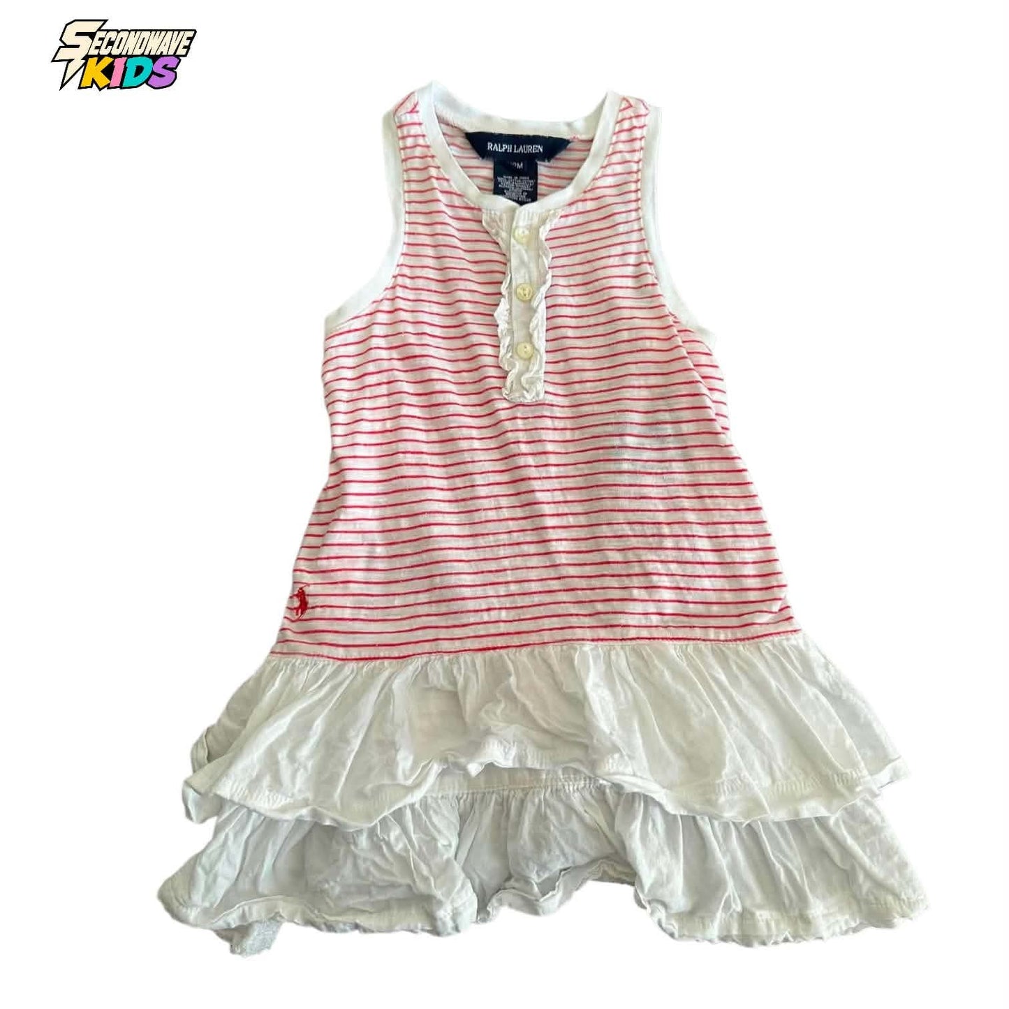 RALPH LAUREN PINK & WHITE STRIPED DRESS WITH RUFFLES AND BUTTON DETAIL (12 MONTHS)