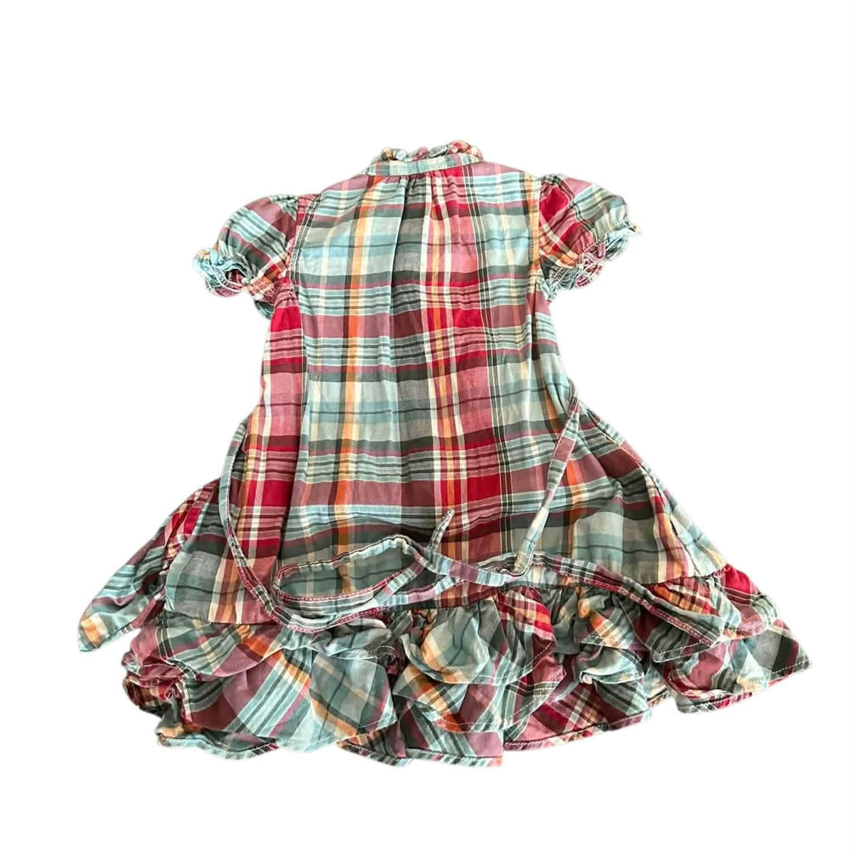 RALPH LAUREN MULTICOLOURED PLAID BABY DRESS WITH RUFFLES AND BOW (12 MONTHS)