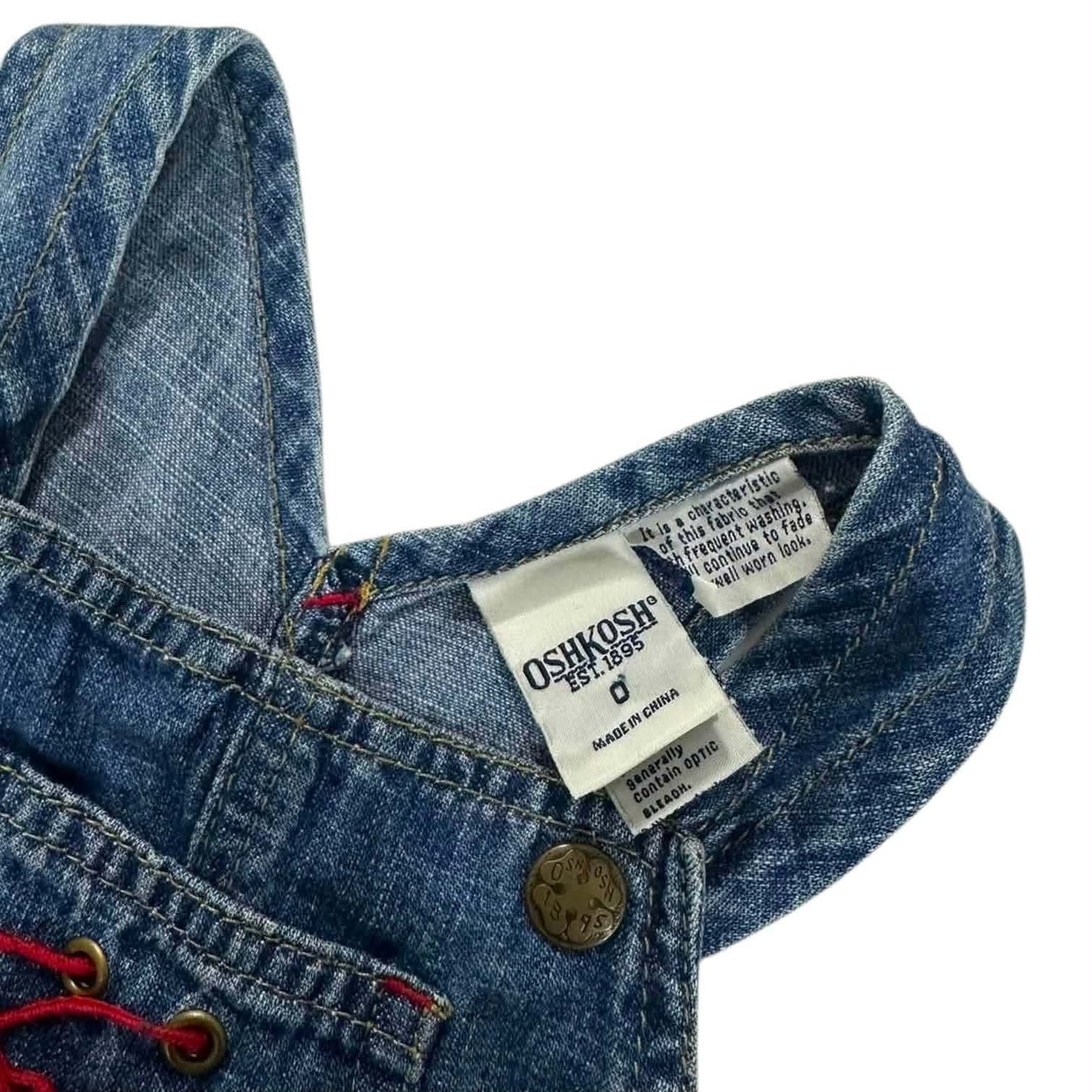 OSHKOSH BLUE DENIM OVERALLS WITH RED ACCENTS (6-12 MONTHS)