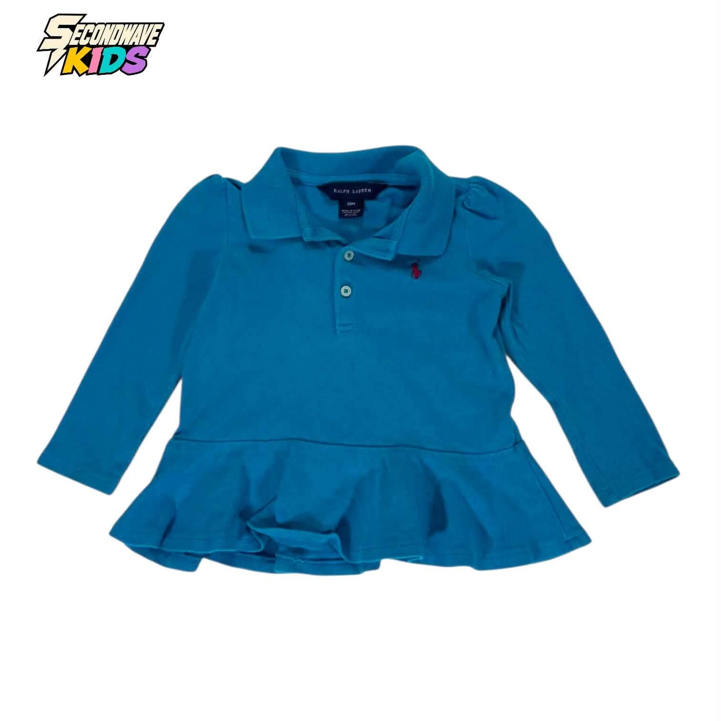 RALPH LAUREN BLUE BABY GIRL POLO SHIRT WITH RUFFLE HEM AND LONG SLEEVES (18 MONTHS)
