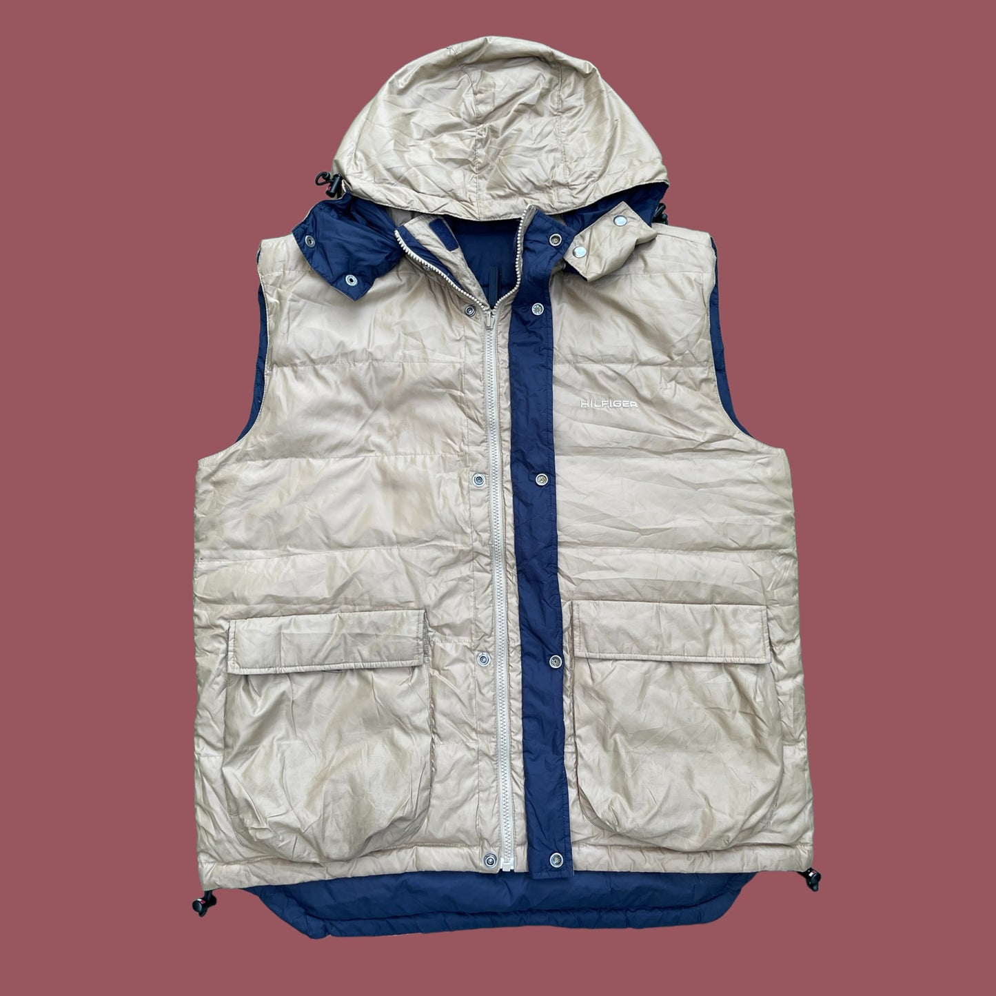 VINTAGE REVERSIBLE TOMMY HILFIGER PUFFER VEST WITH REMOVABLE HOOD (L)