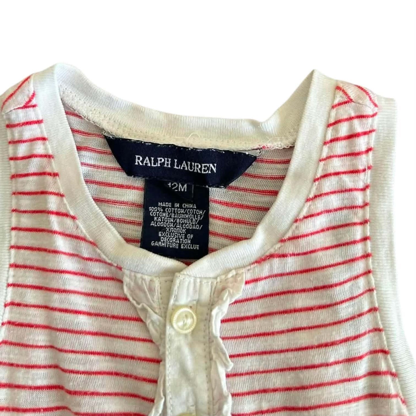RALPH LAUREN PINK & WHITE STRIPED DRESS WITH RUFFLES AND BUTTON DETAIL (12 MONTHS)