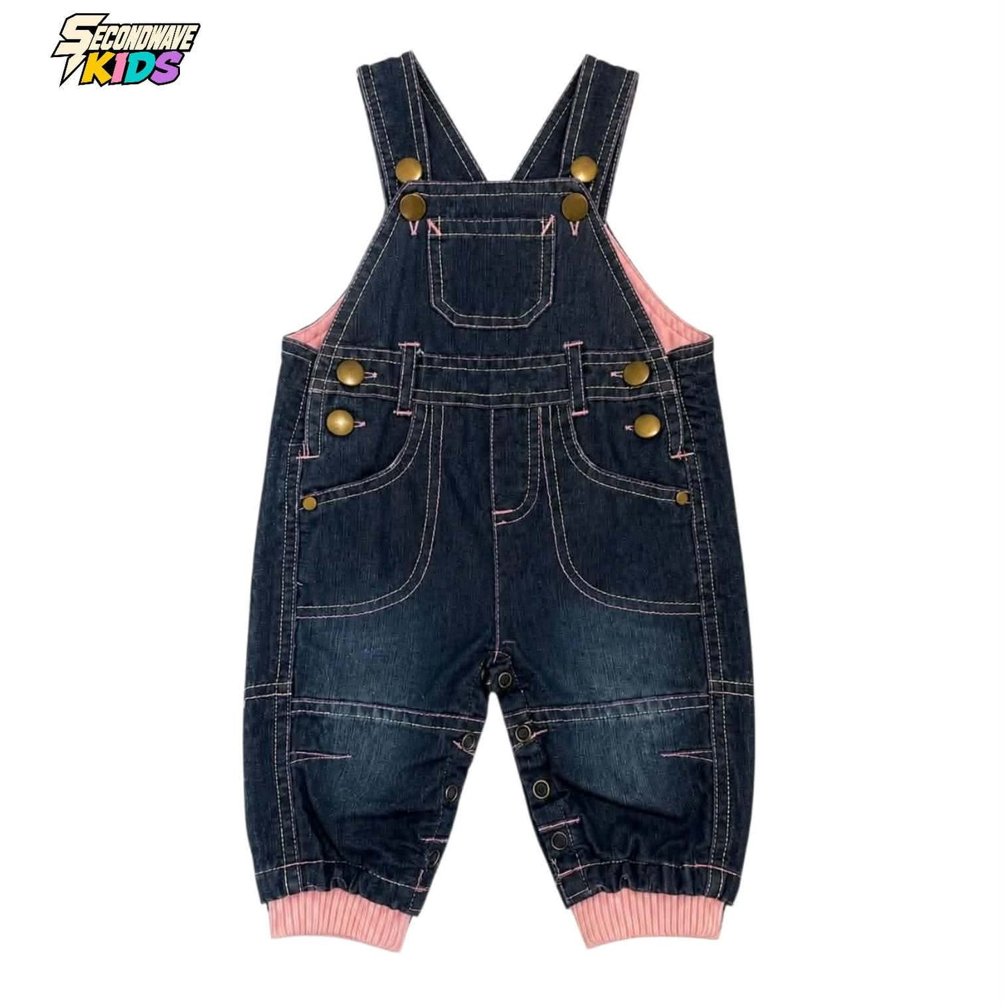 NAVY DENIM OVERALLS WITH PINK TRIM AND BUTTON (0-3 MONTHS)
