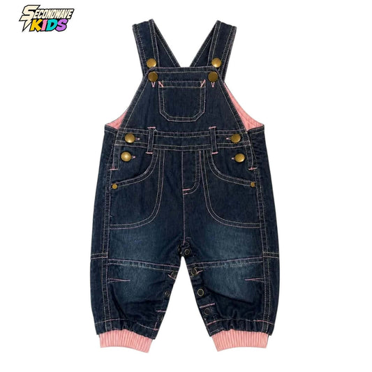 NAVY DENIM OVERALLS WITH PINK TRIM AND BUTTON (0-3 MONTHS)
