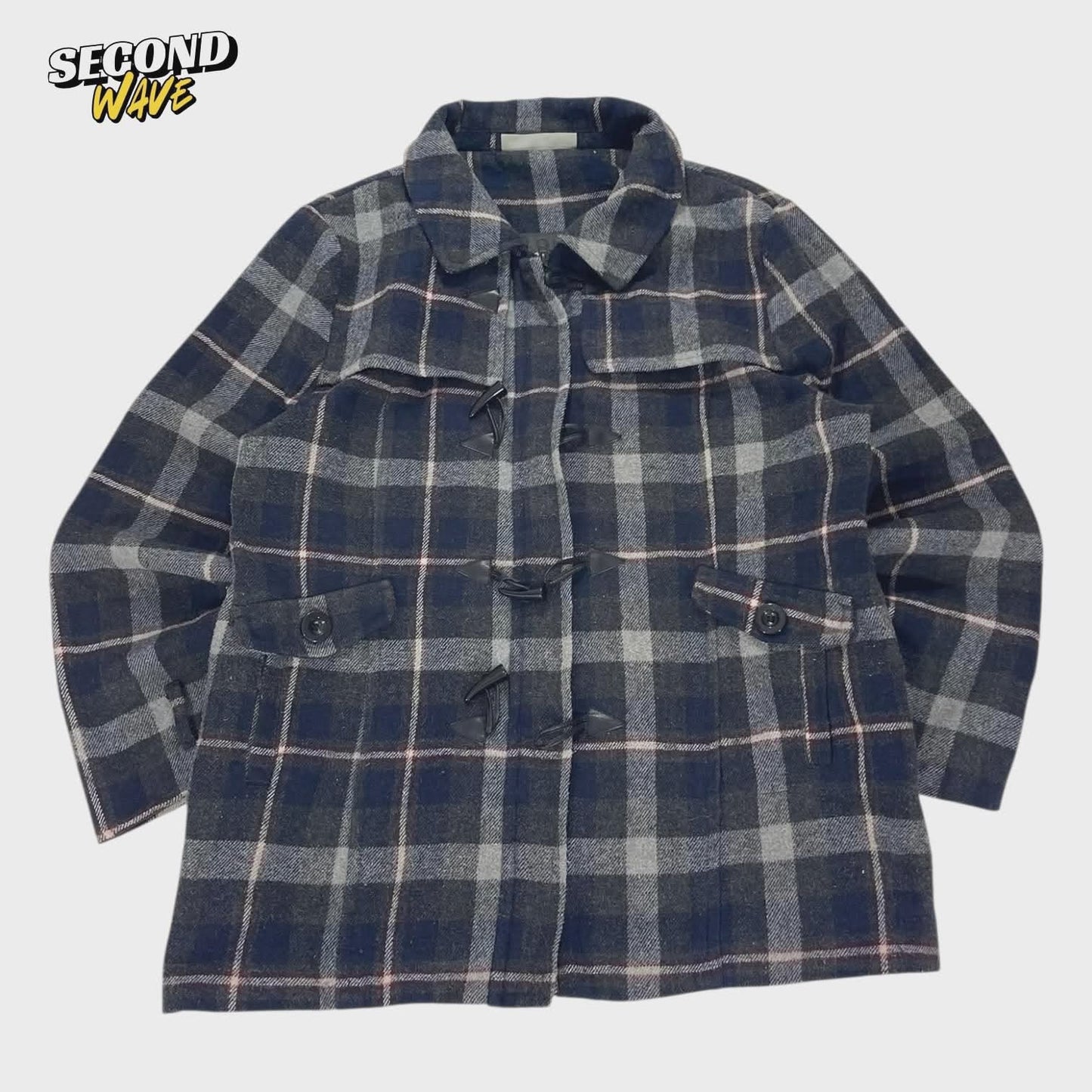 WILD CHILD NAVY BLUE PLAID DUFFLE COAT (L)