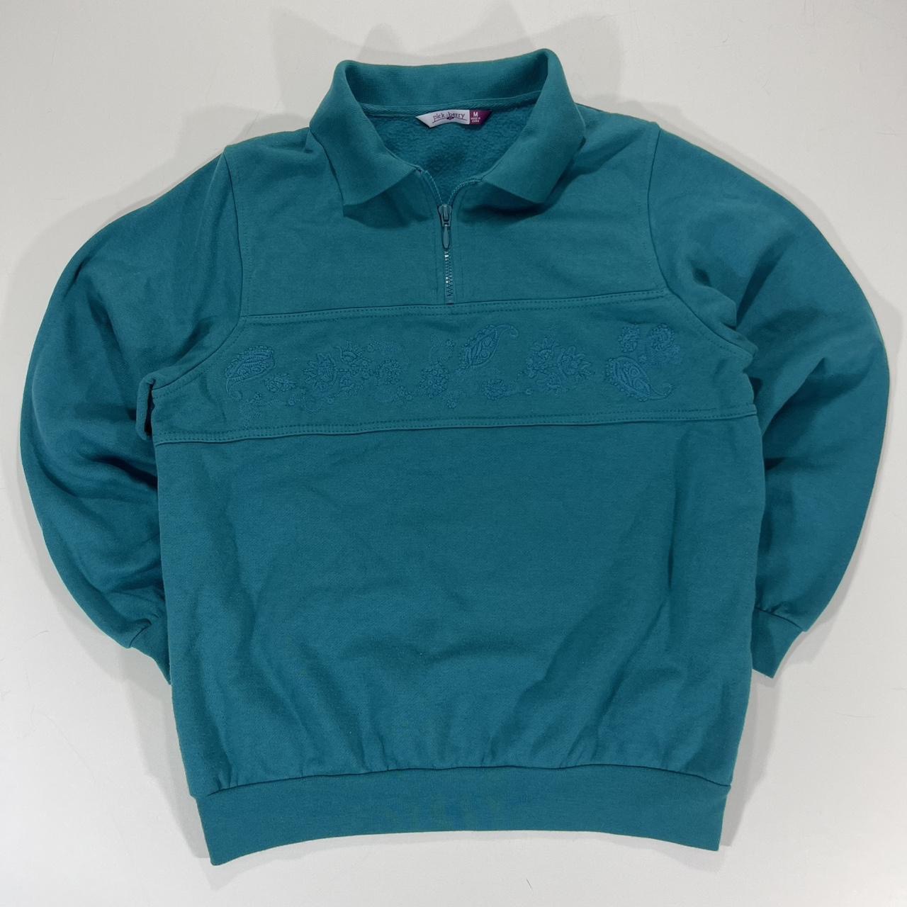 VINTAGE PICK A BERRY TEAL QUARTER ZIP SWEATSHIRT WITH PAISLEY EMBROIDERY (M)