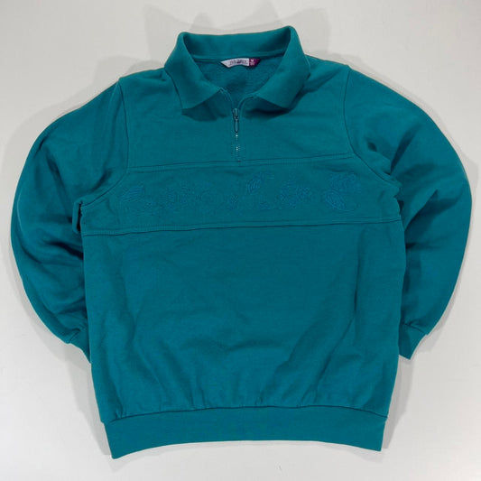VINTAGE PICK A BERRY TEAL QUARTER ZIP SWEATSHIRT WITH PAISLEY EMBROIDERY (M)