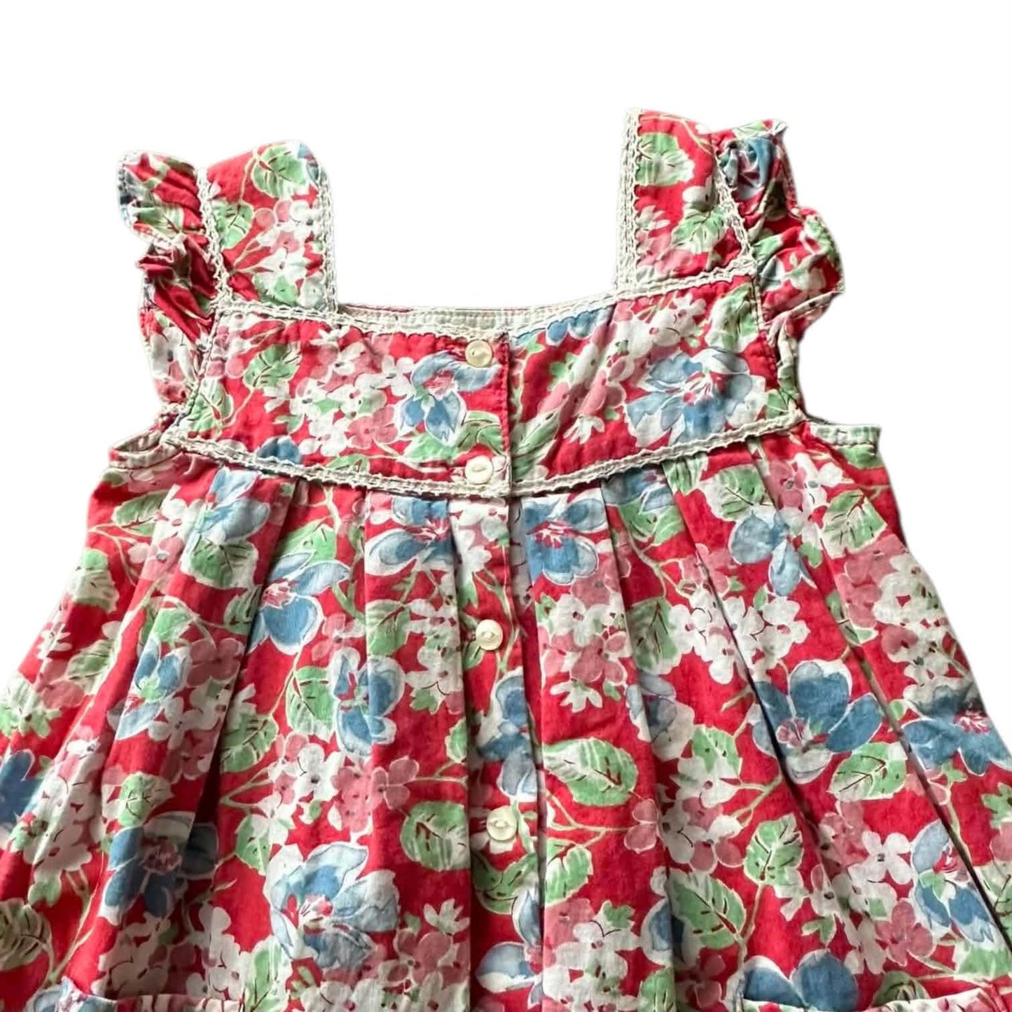 RALPH LAUREN RED FLORAL BABYDOLL DRESS WITH LACE TRIM AND RUFFLE SLEEVES (18 MONTHS)