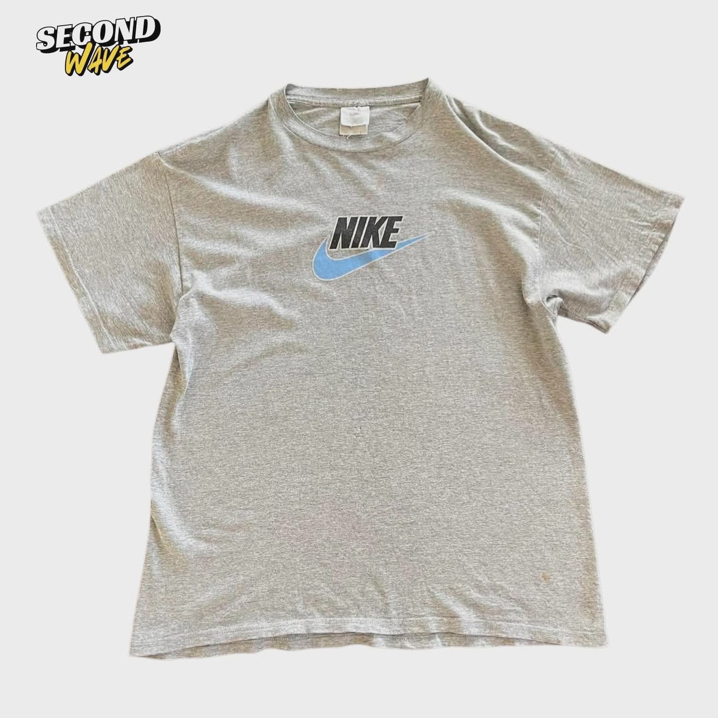 VINTAGE NIKE GREY COTTON T-SHIRT WITH BLUE SWOOSH (XL)