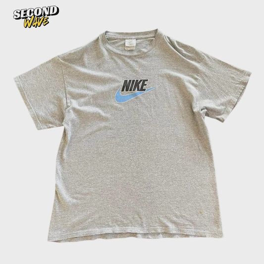VINTAGE NIKE GREY COTTON T-SHIRT WITH BLUE SWOOSH (XL)