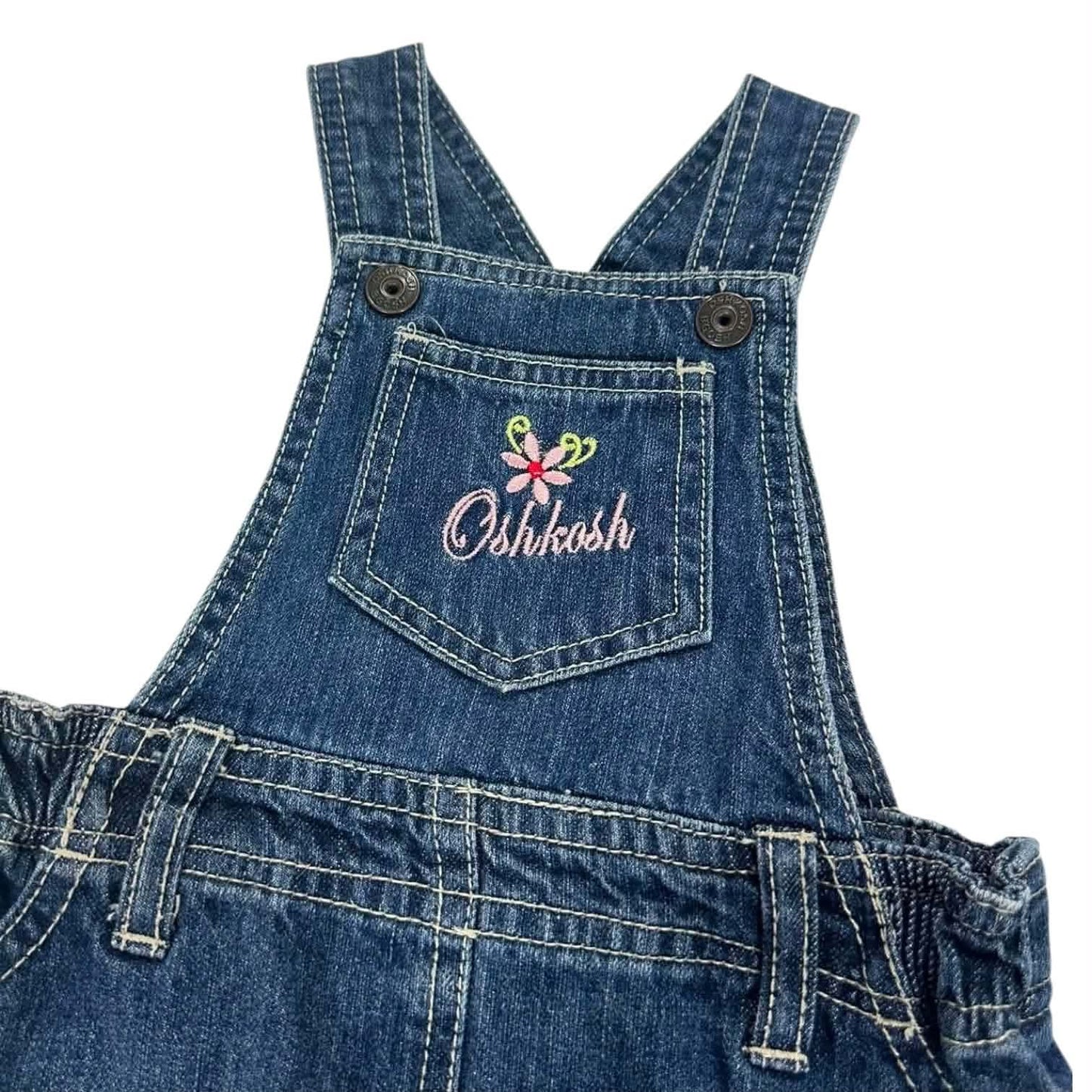 OSHKOSH B’GOSH NAVY DENIM OVERALLS WITH PINK FLOWER EMBROIDERY (6-12 MONTHS)