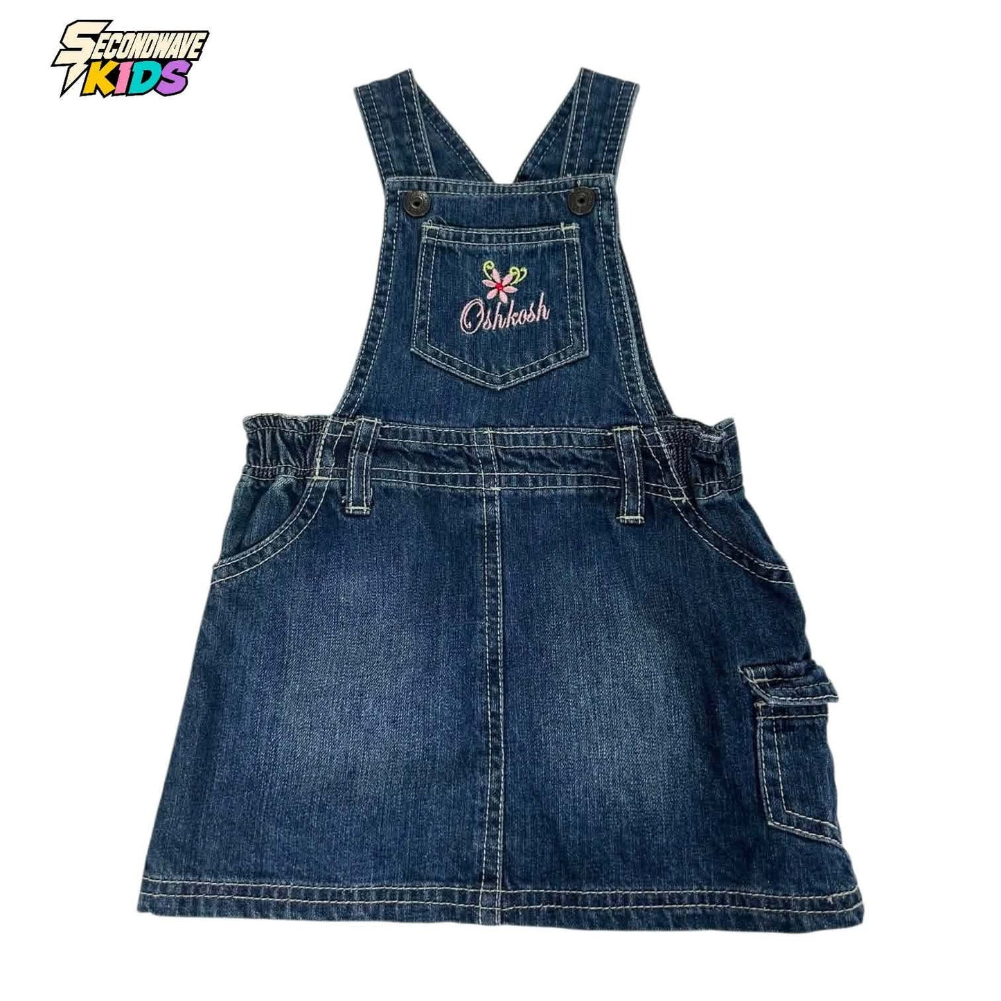 OSHKOSH B’GOSH NAVY DENIM OVERALLS WITH PINK FLOWER EMBROIDERY (6-12 MONTHS)